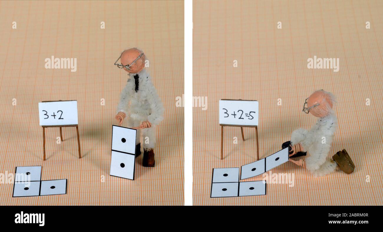 Imagen de pantalla dividida con el modelo de la situación mostrando los fundamentos de la adición. Foto de stock