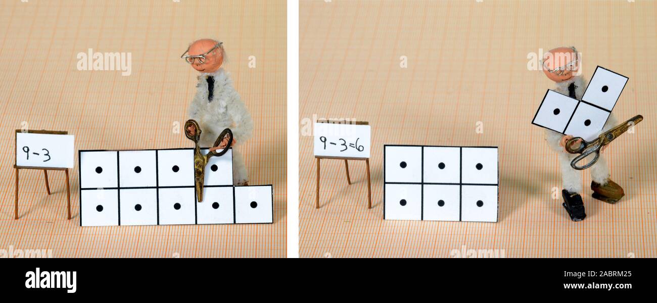 Imagen de pantalla dividida con el modelo de la situación mostrando los conceptos básicos de la sustracción. Foto de stock