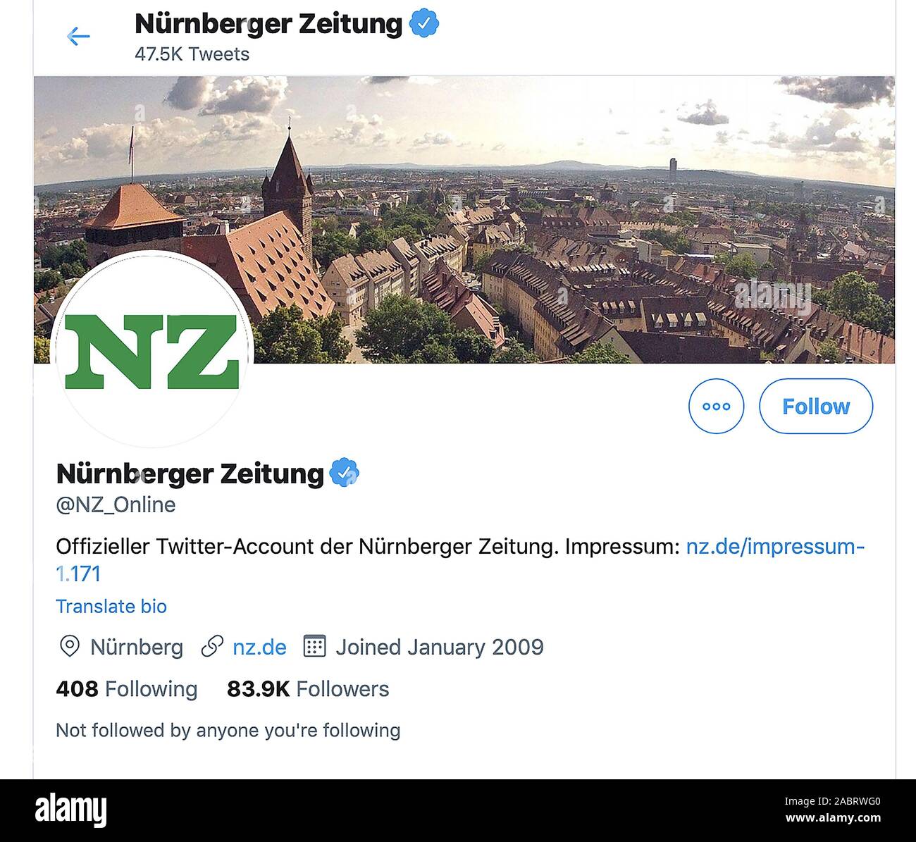 Captura de pantalla de la página de Twitter del Nurnberger Zeitung el diario alemán Foto de stock