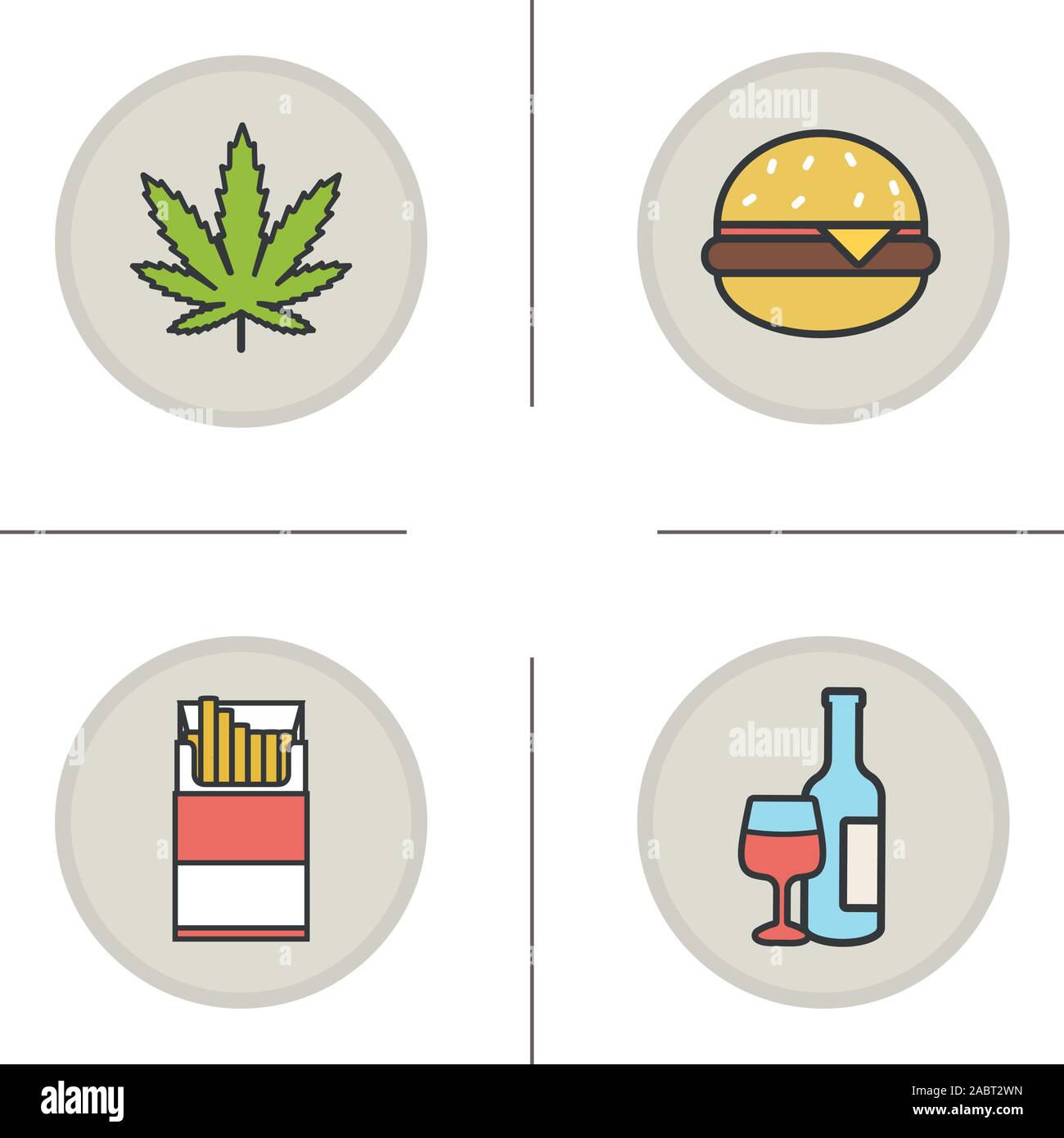 Las adicciones y malos hábitos los iconos de colores. Hoja de marihuana,  Hamburger, abra el paquete de cigarrillos, una botella de vino y cristal.  Drogas, tabaco, alcohol y fast foo Imagen Vector