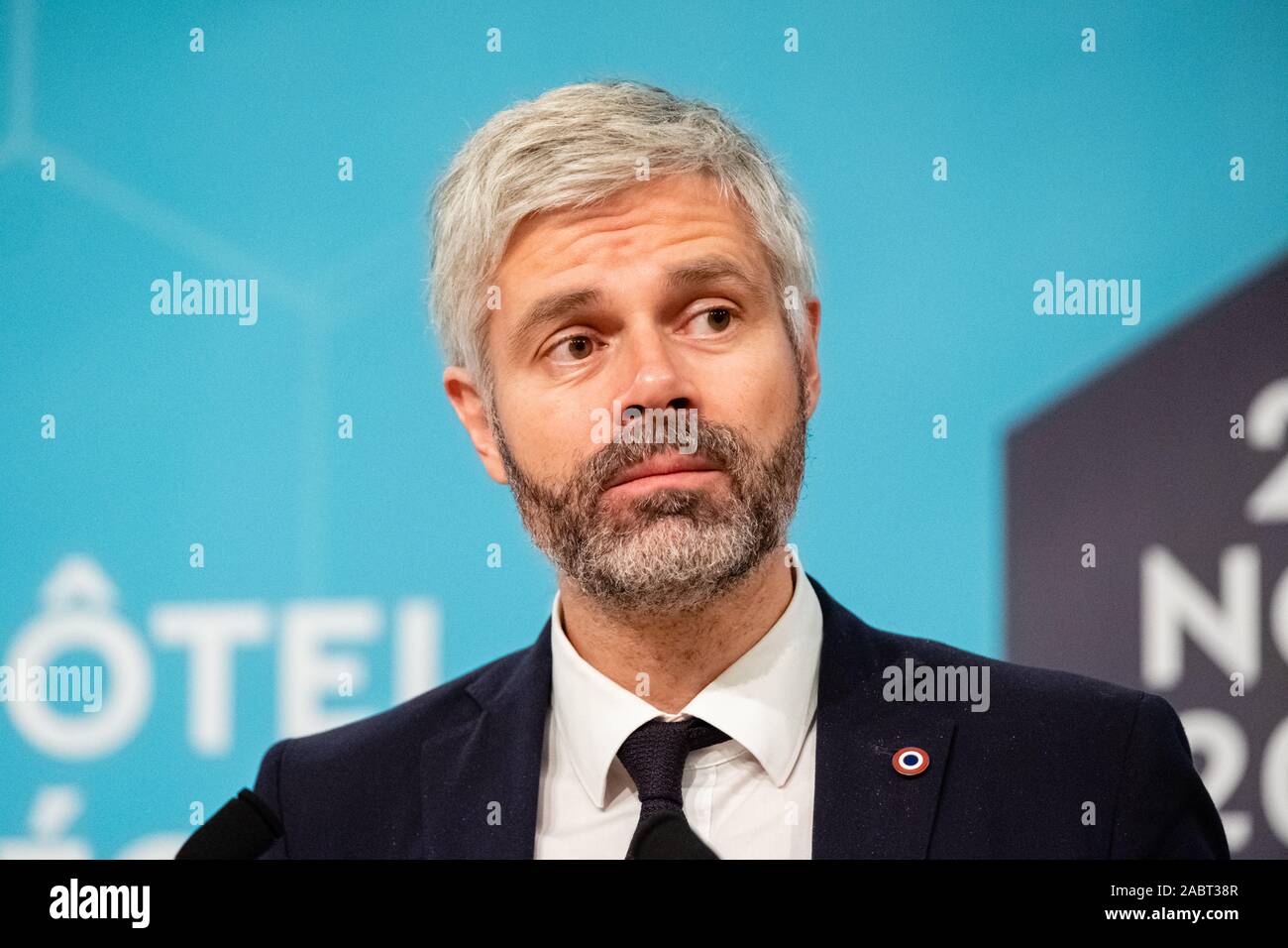 El 25 de noviembre de 2019, el Olympique de Lyon, Auvergne-Rhône-Alpes, Francia.Laurent Wauquiez Presidente de la región Auvergne-Rhône-Alpes Foto de stock