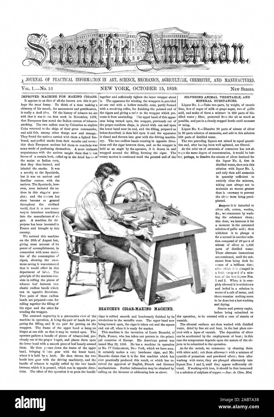 La BEAUCHE máquina de hacer cigarros., Scientific American, 1859-10-15 Foto de stock