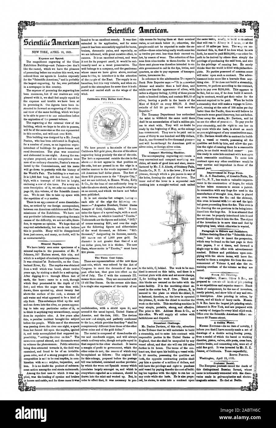 América y la fecha 1851. Los dispositivos son nuevos y sencillos y perfectamente ajustado a la ley que dispone que "serán notoriamente diferentes de los de las demás monedas de plata y oro del dólar.' El metal se compone de tres cuartas partes sil ver y una cuarta parte de cobre y siempre, Scientific American, 1851-04-19 Foto de stock