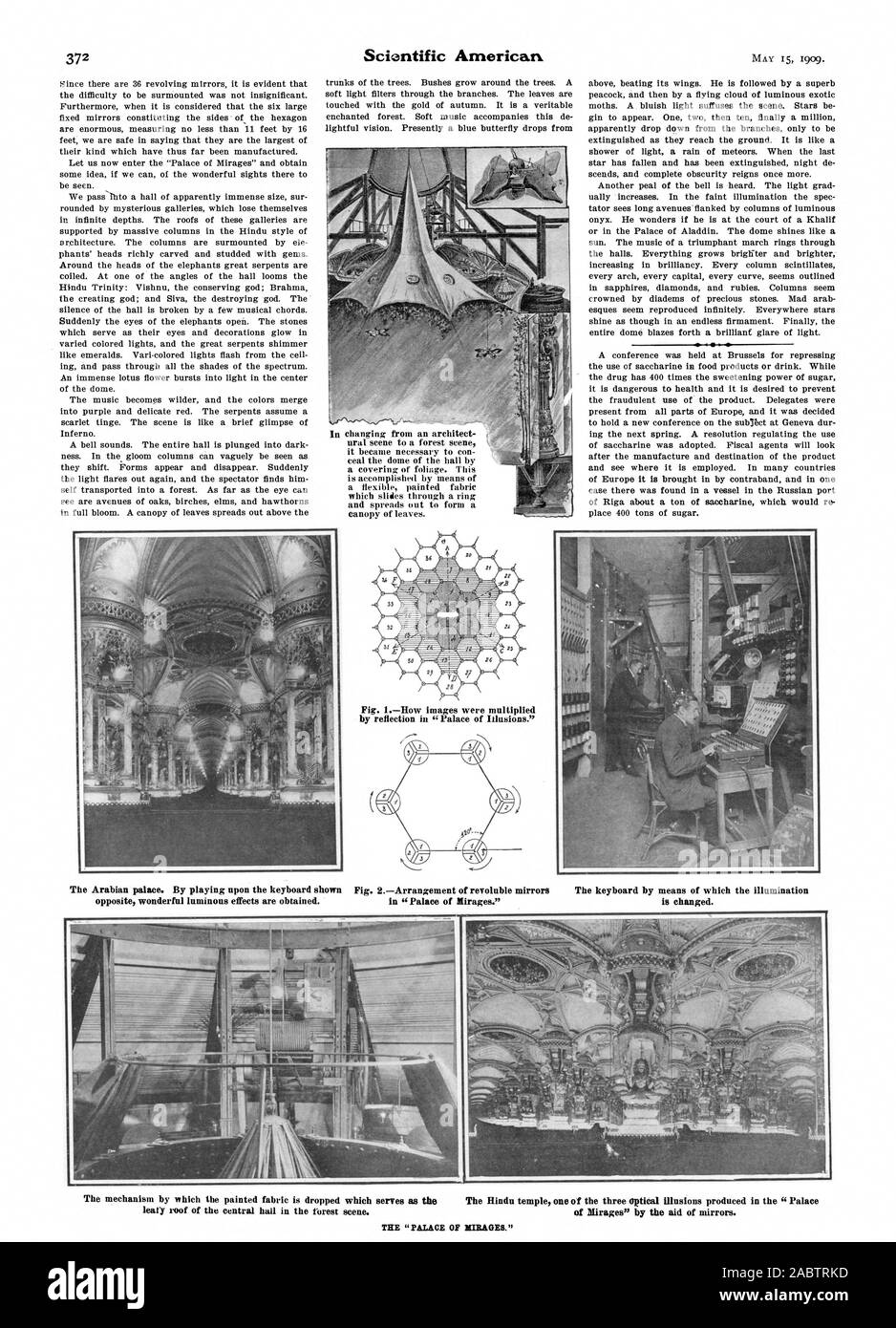 Fig. 1Cómo las imágenes se multiplicaron por reflejo en el "Palacio de ilusiones." El palacio árabe. Tocando en el teclado mostrada en la Fig. 2Acuerdo de espejos revoluble el teclado por medio de la cual la iluminación de espejismos" por la ayuda de los espejos. frondoso techo de la sala central en el bosque escena., Scientific American, -1909-05-15 Foto de stock