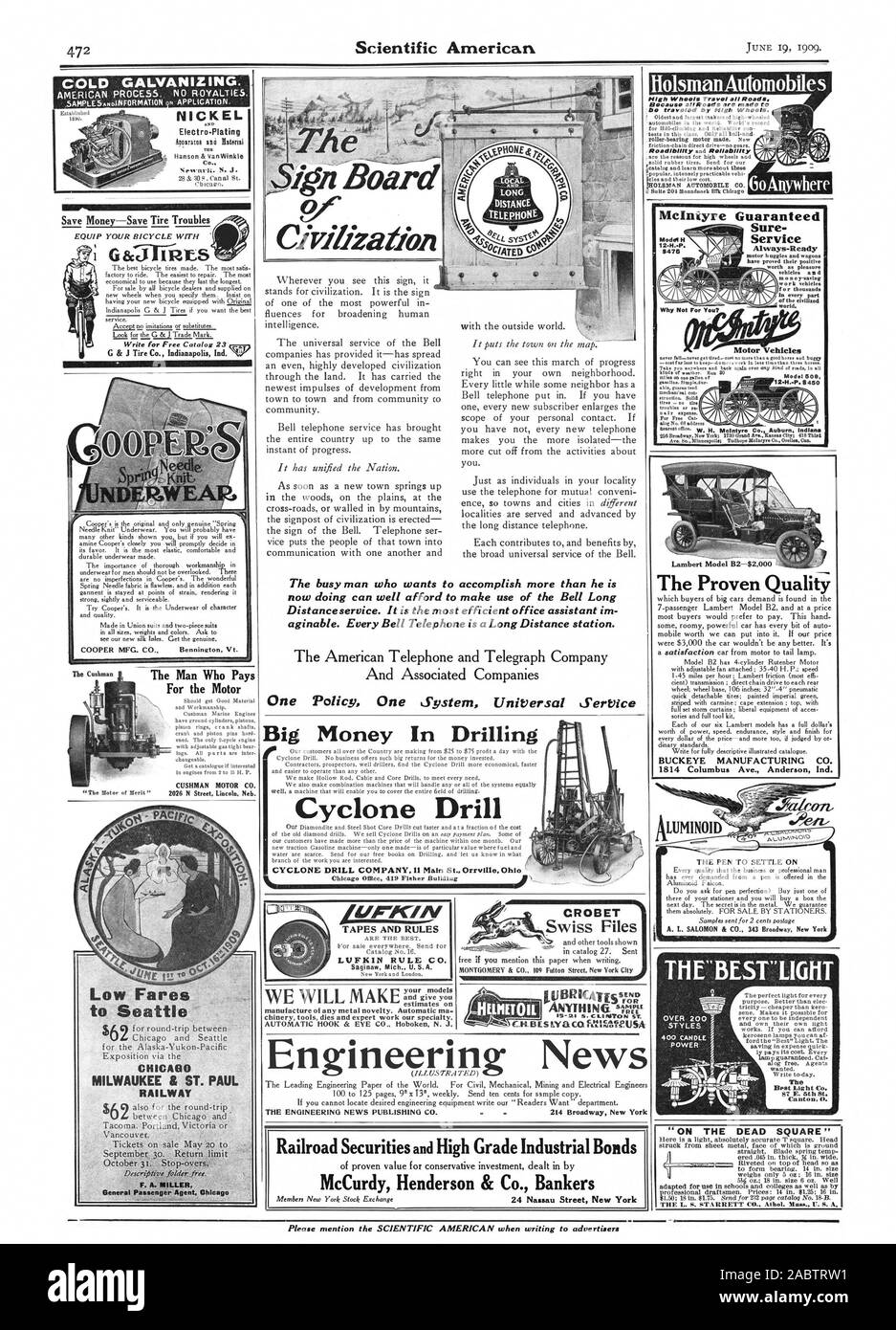Del mundo civilizado. Vehículo de motor SImpledur. capaz gusran conectada W. H. MCINTYRE Co. Auburn indios Mocha H $475 ¿Por qué no usted? Mcintyre Modelo 10940 509 450 El hombre ocupado que quiere lograr más de lo que él está haciendo ahora puede permitirse el lujo de hacer uso de la campana al servicio de larga distancia. Es la más eficiente aginable im del Ayudante de Office. Cada Bell Telephone es una estación de larga distancia. Una política de servicio universal un sistema equipar su bicicleta con el servicio. Escribir para catálogo gratuito 23 PPC G & J Tire Co. Indianapolis Indiana, Scientific American, -1909-06-19 Foto de stock