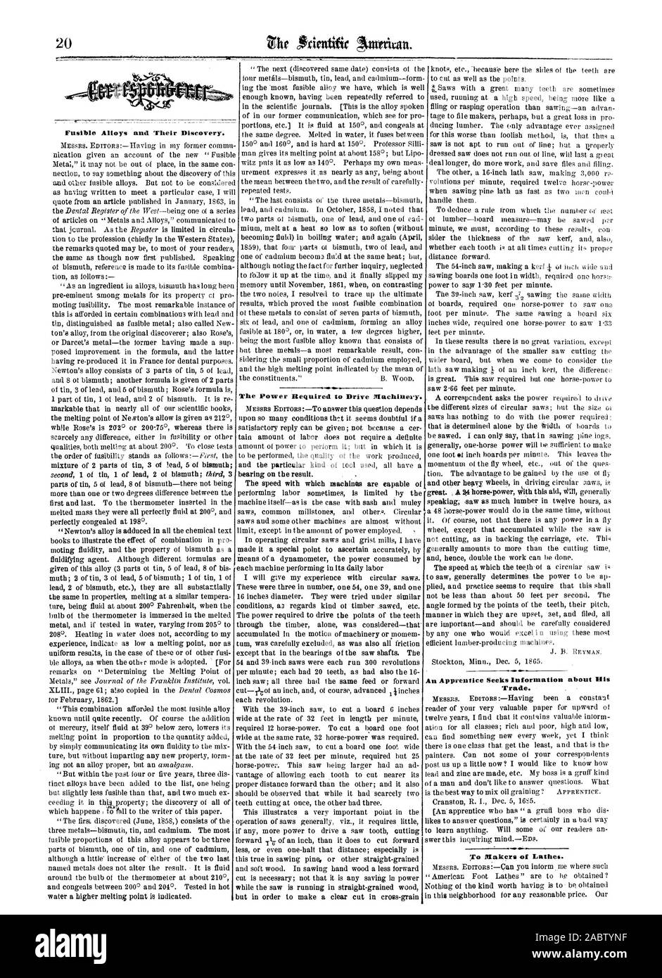 Aleaciones fusibles y sus descubrimientos. La potencia necesaria para manejar maquinaria., Scientific American, 1866-01-07 Foto de stock