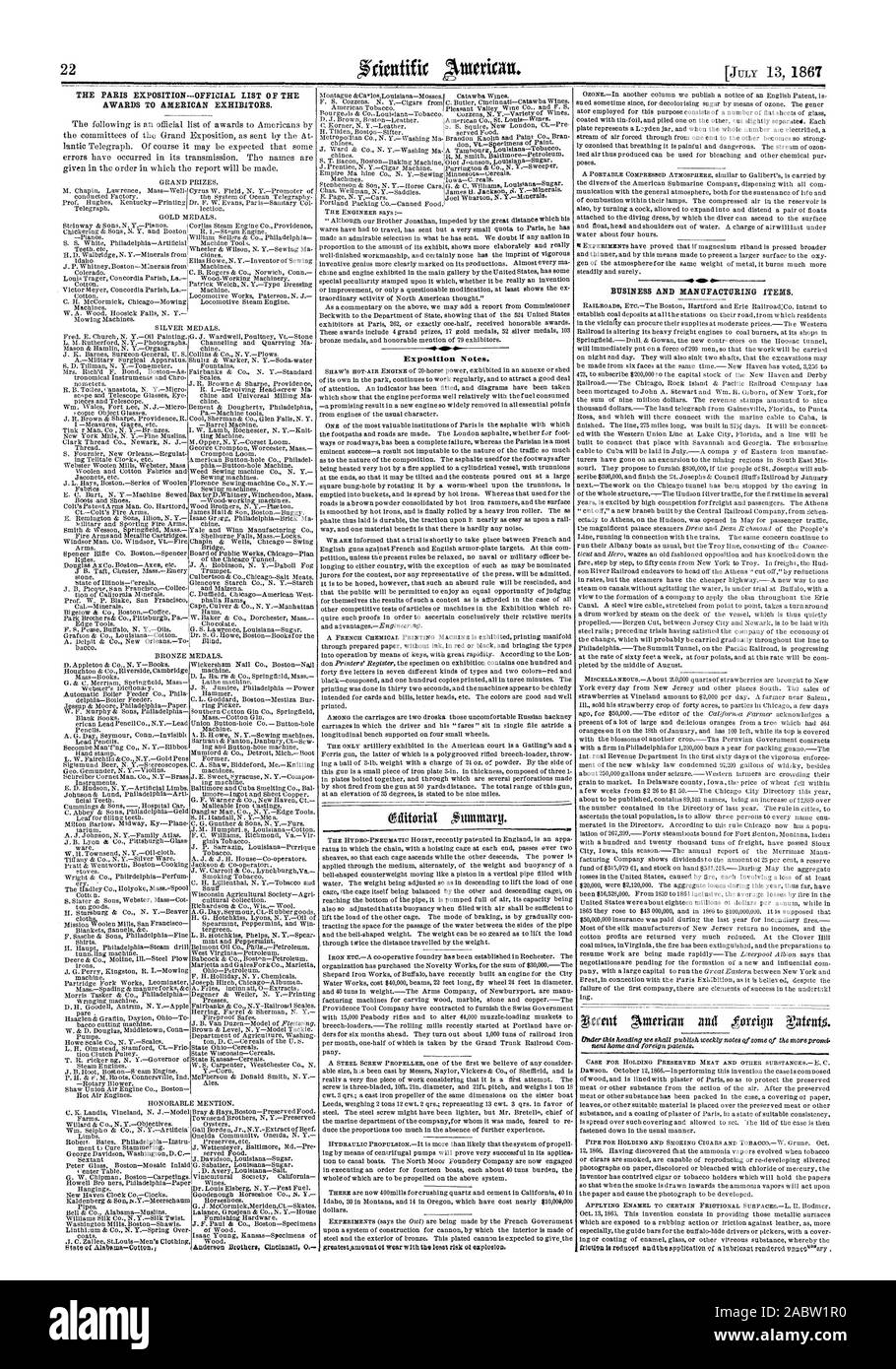 La exposición París-LISTA OFICIAL DE LOS PREMIOS A LA AMERICAN expositores. Notas de la exposición. Negocios y componentes de fabricación., Scientific American, 1867-07-13 Foto de stock