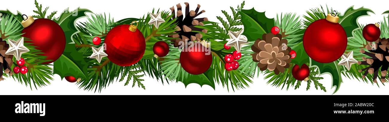 Vector Navidad horizontal guirnalda sin costuras con ramas de abeto, bolas rojas, holly y pinéfonos. Ilustración del Vector