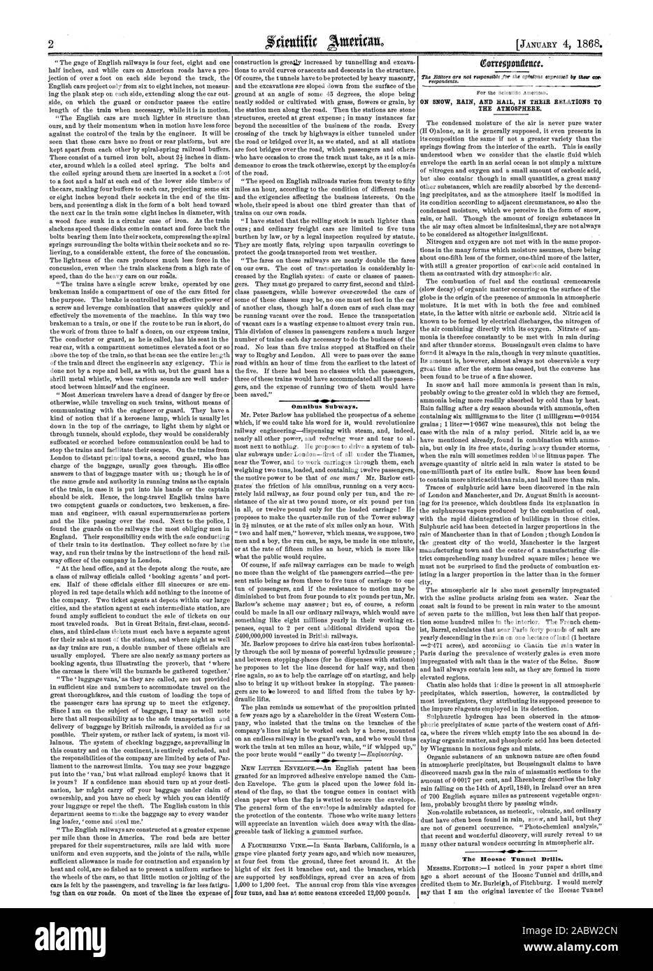 Omnibus trenes subterráneos. Sobre la nieve, la lluvia y el granizo EN SUS RELACIONES T la atmósfera. El túnel Hoosac taladros, Scientific American, 1868-01-04 Foto de stock