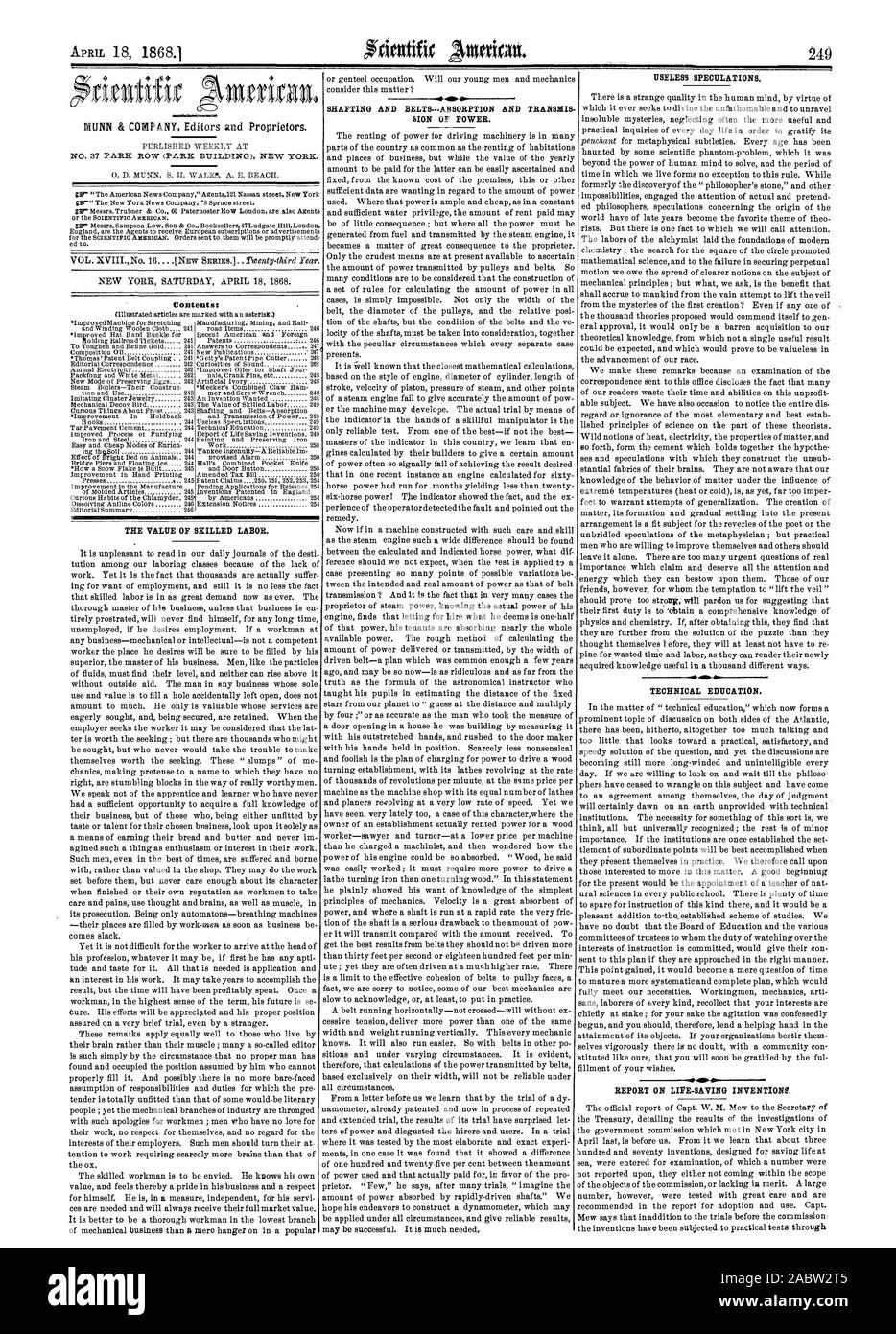 Contenido: El valor de la mano de obra calificada. +II 40 4. Transmisiones y BELTSA3SORPT1Y TRANS SION DE PODER. Especulaciones inútiles. La educación técnica. Informe sobre los inventos que salvan vidas, Scientific American, 1868-04-18 Foto de stock