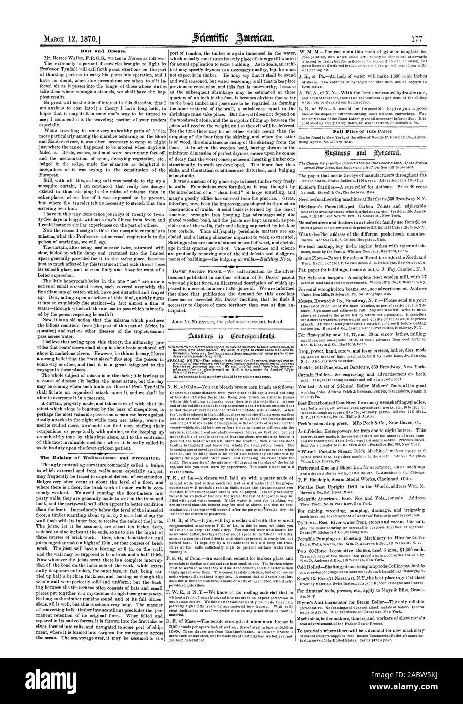 El polvo y la enfermedad. El abombamiento de las paredes-causa y prevención. Archivos completos de este papel, Scientific American, 70-03-12 Foto de stock