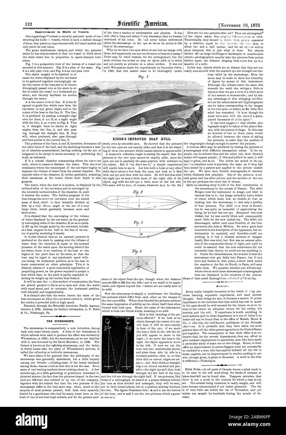 Mejora en los cascos de buques de ot. El estereoscopio. Las patentes.  Mejora del jinete el casco de la embarcación. 1), Scientific American,  1870-11-19 Fotografía de stock - Alamy