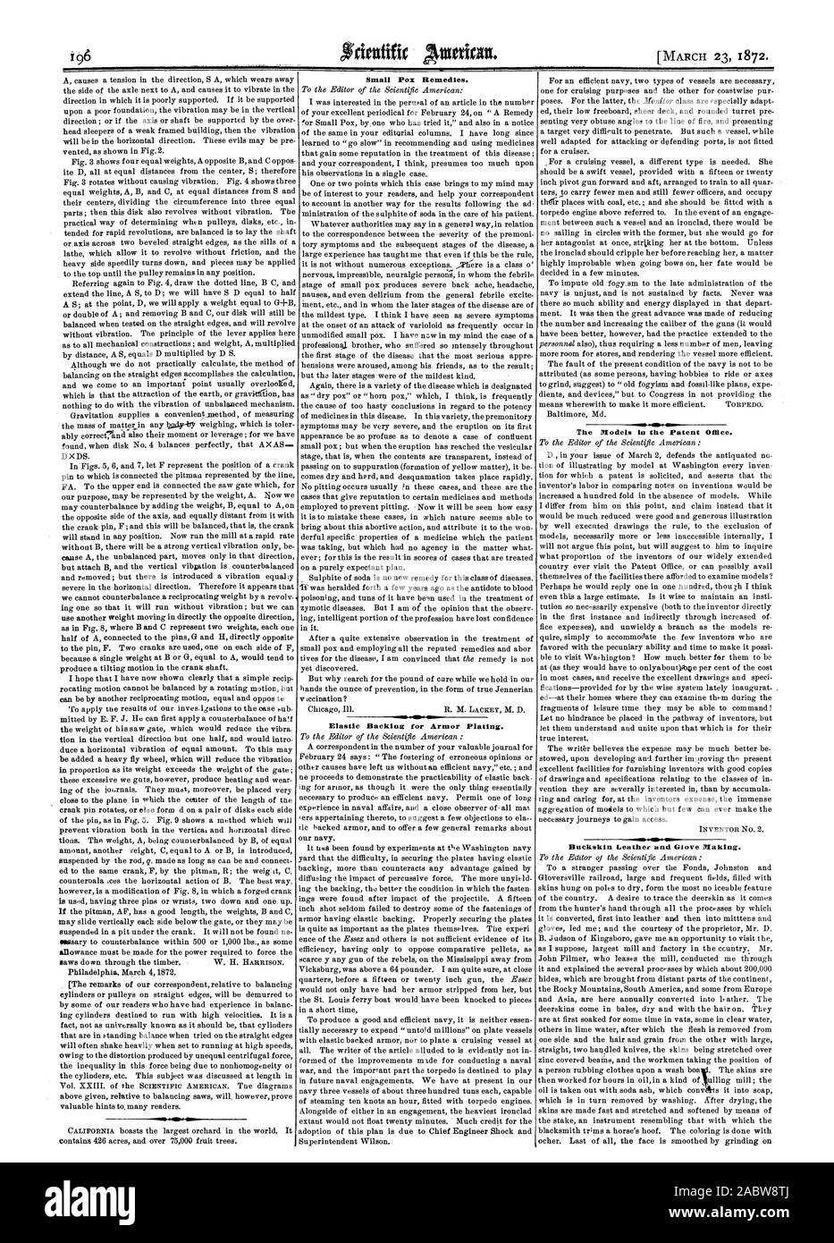 Viruela remedios. Apoyo elástico para el blindaje. Los modelos en la Oficina de Patentes. La fabricación de guantes de cuero y Buckskin., Scientific American, 1872-03-23 Foto de stock