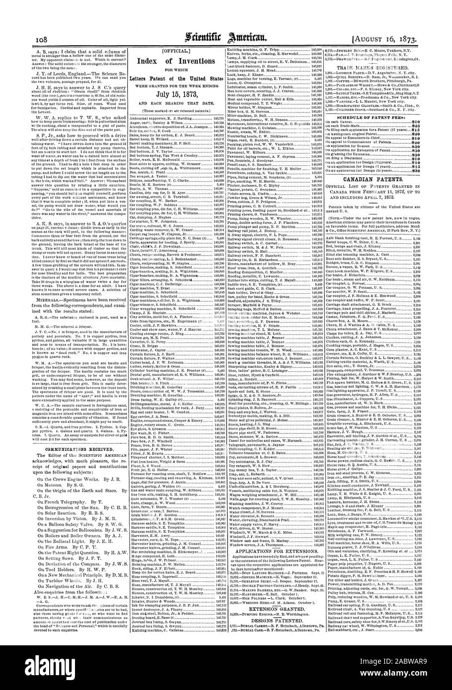 CORMITNICATIONS recibido. Índice cartas patentes de invenciones de los Estados Unidos de América el 15 de julio de 1873, el calendario de las tasas de patentes: las patentes canadienses., Scientific American, 1873-08-16 Foto de stock