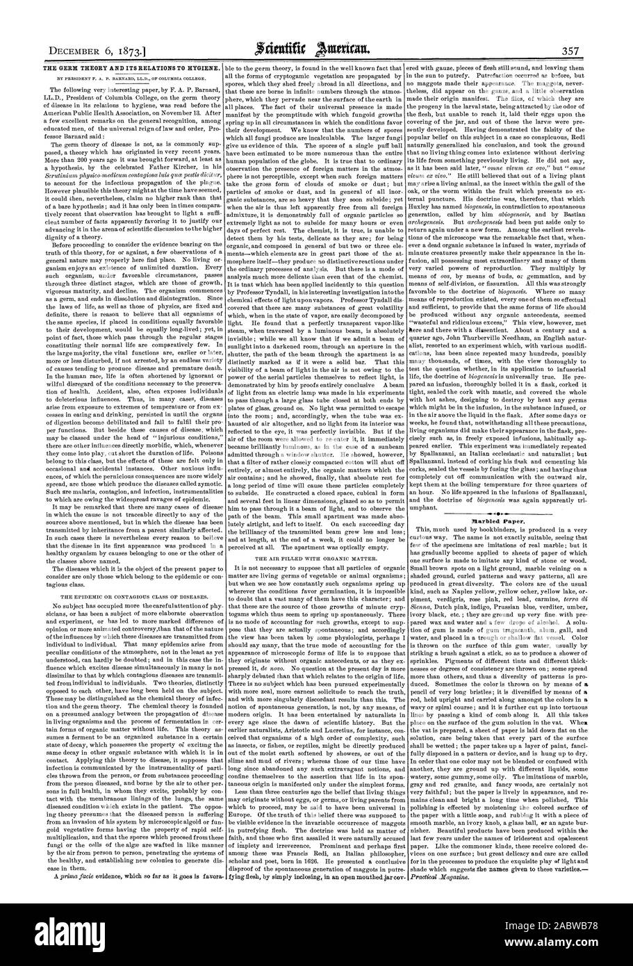 El 6 de diciembre de 1873. El germen de la teoría y sus relaciones con la higiene. Papel de mármol, Scientific American, 1873-12-06 Foto de stock