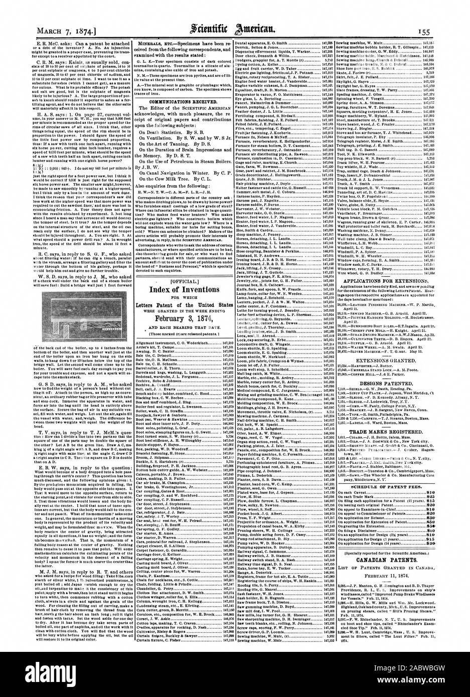 Índice cartas patentes de invenciones de los Estados Unidos el 3 de febrero de 1874, el calendario de las tasas de patentes. Las patentes canadienses., Scientific American, 1874-03-07 Foto de stock