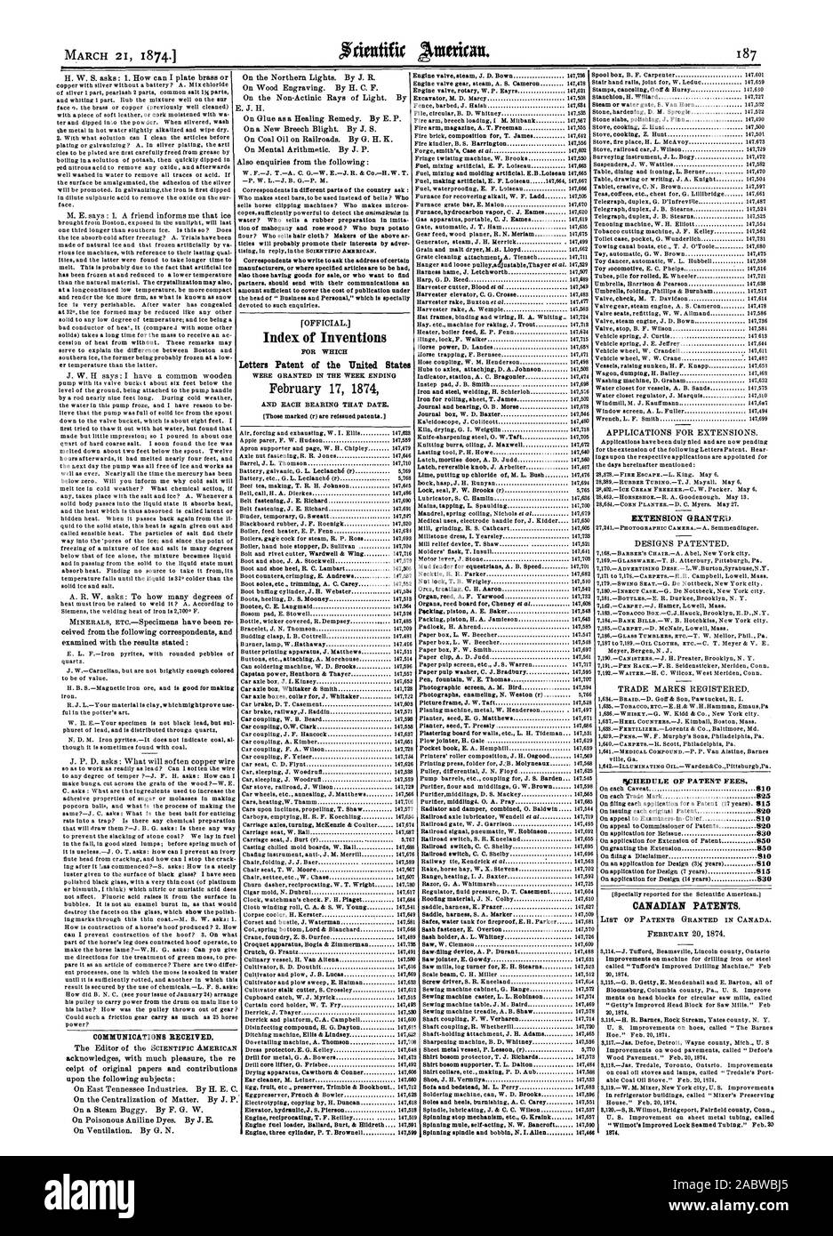 Índice cartas patentes de invenciones de los Estados Unidos el 17 de febrero de 1874 prórroga concedida. FiCHEDULE DE DERECHOS DE PATENTE. Las patentes canadienses., Scientific American, 1874-03-21 Foto de stock