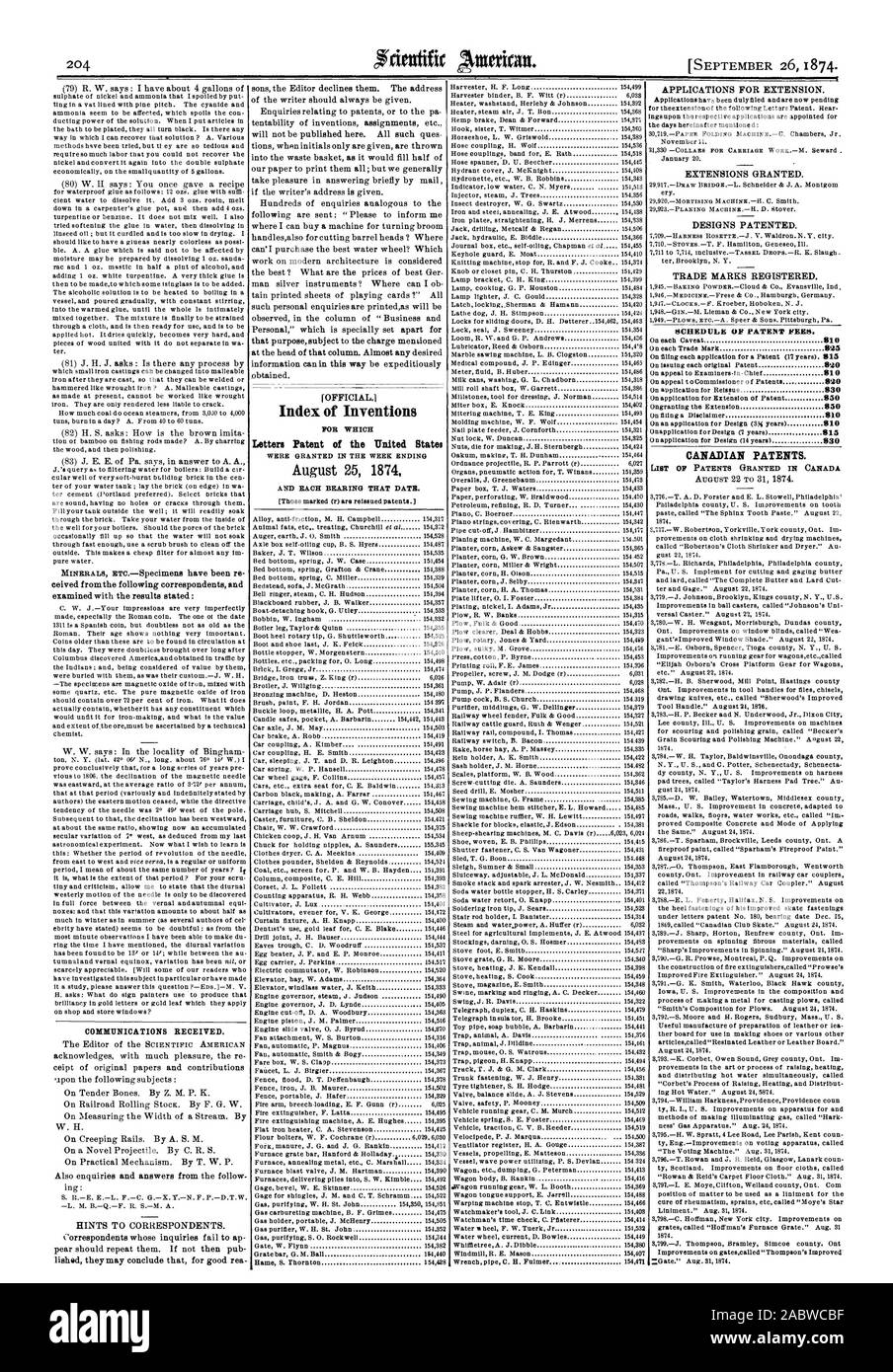 El 26 de septiembre de 1874. Las comunicaciones recibidas. Índice cartas patentes de invenciones de los Estados Unidos el 25 de agosto de 1874 el calendario de las tasas de patentes. Las patentes canadienses., Scientific American, 1874-09-26 Foto de stock