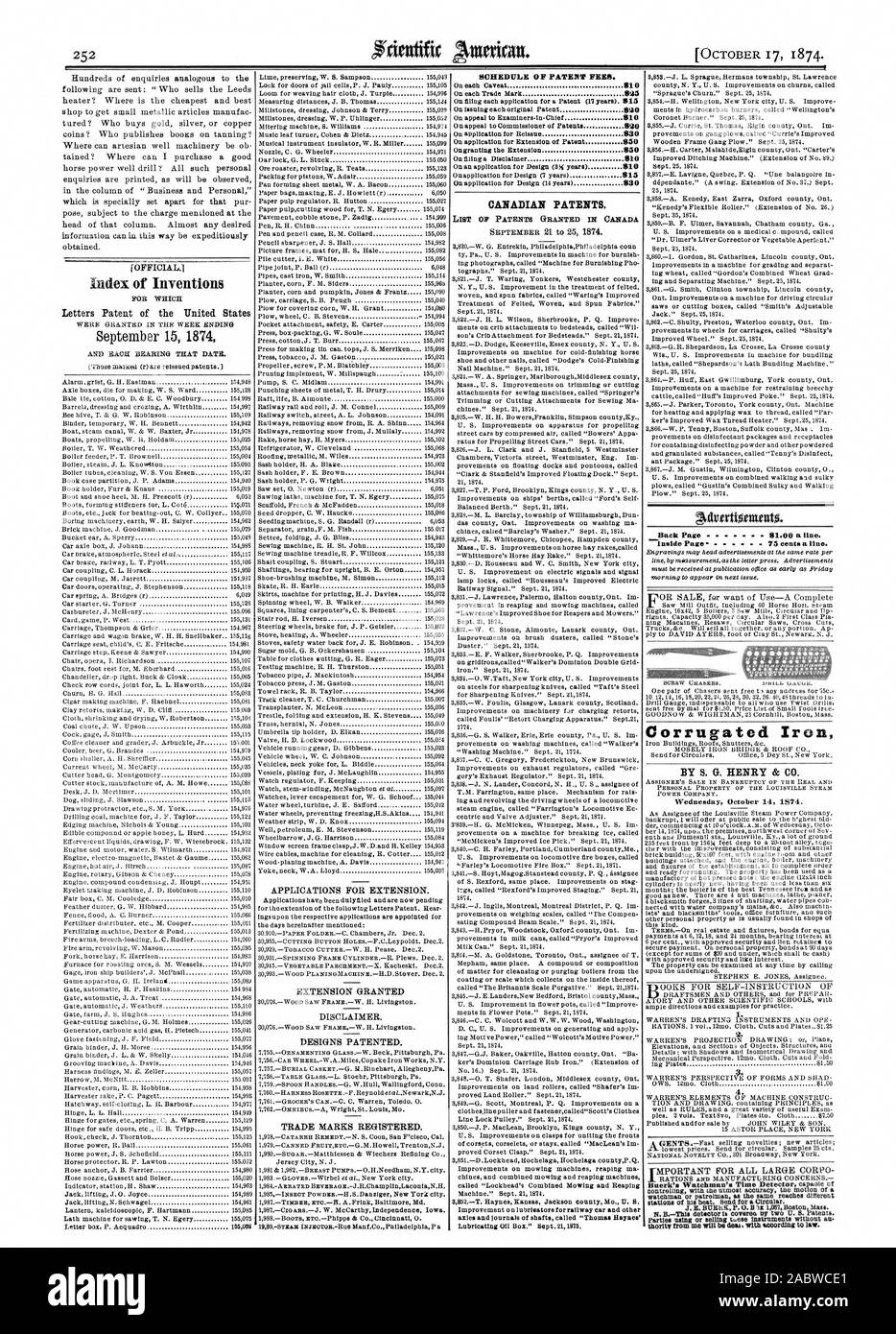 Índice de inventos el 15 de septiembre de 1874, el calendario de las tasas de patentes. Las patentes canadienses. ejes y muñones de árboles denominados "Thomas Haynes''. Cuadro de Aceite Lubricante Sept.211875. Volver a la página anterior 81.00 una línea. Hierro Corrugado por S. G. HENRY & Co. el miércoles 14 de octubre de 1874. 4. hnim, Scientific American, 1874-10-17 Foto de stock