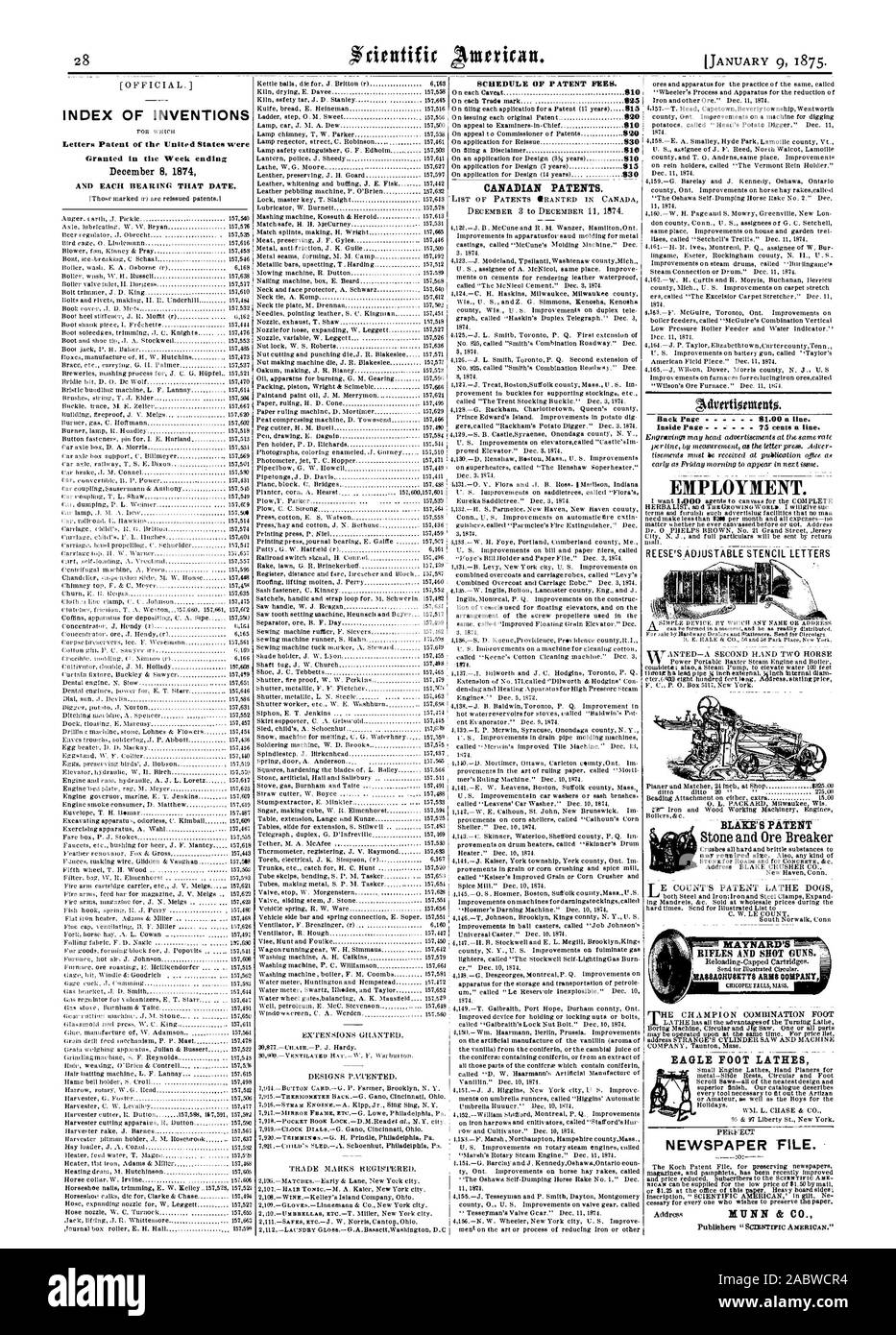 El calendario de las tasas de patentes. Índice cartas patentes de invenciones de los Estados Unidos fueron otorgadas en la semana que terminó el 8 de diciembre de 1874 Y CADA UNO DE LOS COJINETES QUE FECHA. Las patentes canadienses. Volver a la página anterior 81.00 una línea. Dentro de la página 75 centavos una línea. El empleo. EREES 'S GALERÍA AJUSTABLE CARTAS EAGLE TORNOS PIE periódico 'archivo. BLAKE'S PATENTE, Scientific American, 1875-01-09 Foto de stock