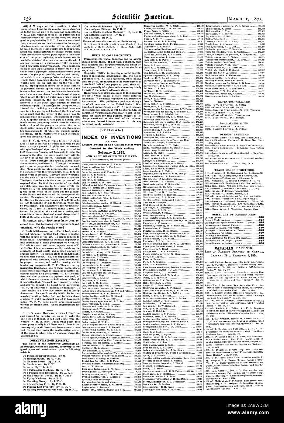 Índice de inventos Lettere patente de los Estados Unidos fueron otorgadas en la semana que terminó el 2 de febrero de 1875 Y CADA UNO DE LOS COJINETES QUE FECHA. Las patentes canadienses. El calendario de las tasas de patentes., Scientific American, 1875-03-06 Foto de stock