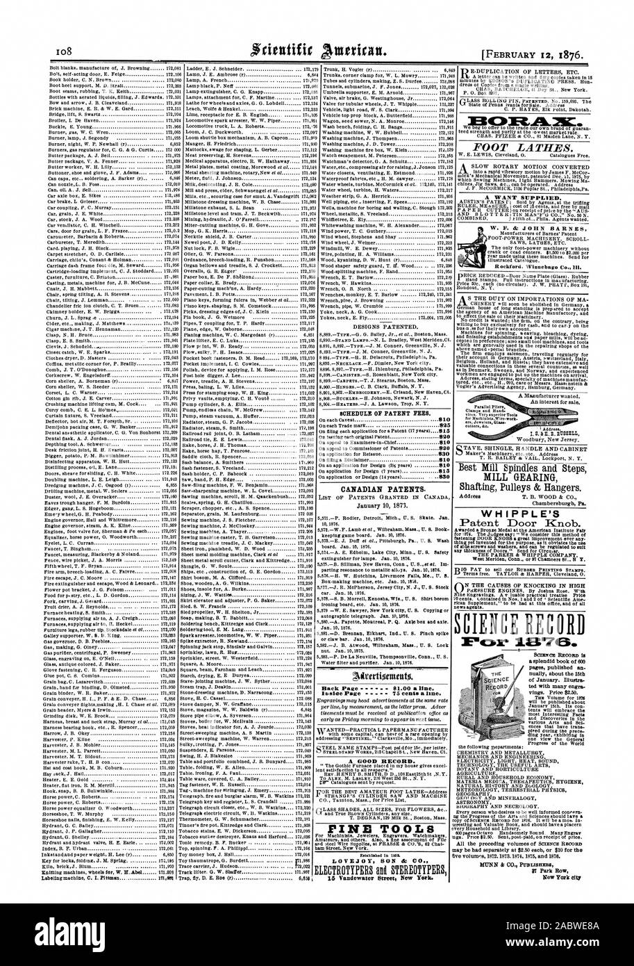 El calendario de las tasas de patentes. Las patentes canadienses. Volver a la página anterior 81.00 una línea. Dentro de la página 75 centavos una línea. Un buen historial. Herramientas de pino hijo LOVEJOY CO. en tornos de pie. Un quiere suministrado. WHIPPLE CIENCIA D MUNN & CO. Prmusexes St Park Row New York City MILL GEARING Chambersburgh Pa. 27, Scientific American, 1876-02-12 Foto de stock