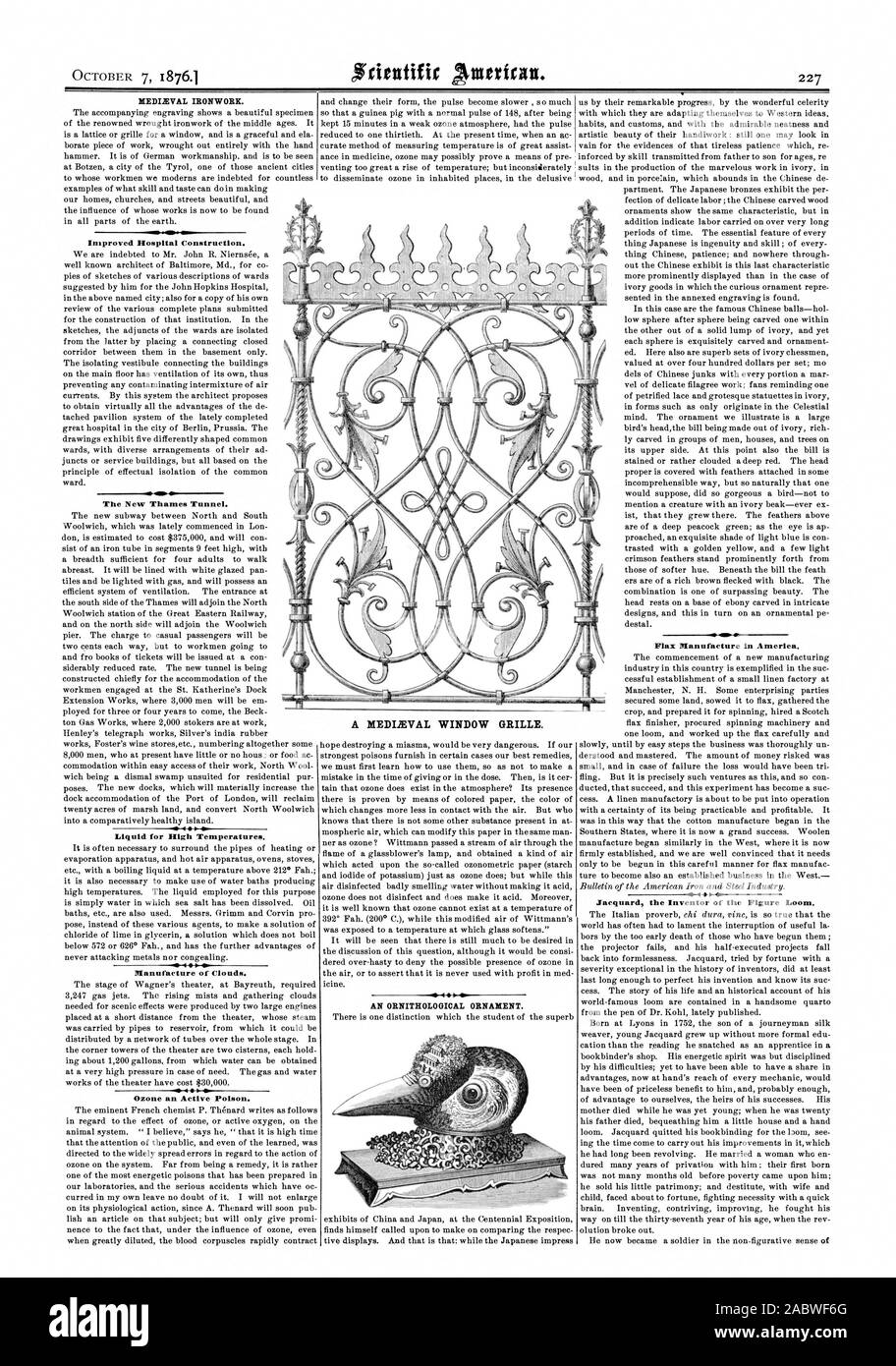 Herrería medieval. Mejorar la construcción de hospitales. El nuevo túnel del Támesis. 40 Líquido para altas temperaturas. Fabricación de nubes. -.01 El Ozono un activo veneno. Fabricación en Amerlea lino. Jacquard el inventor de la figura del telar. Un ornamento ornitológica. Una ventana BIEDEVAL REJILLA., Scientific American, 1876-10-07 Foto de stock