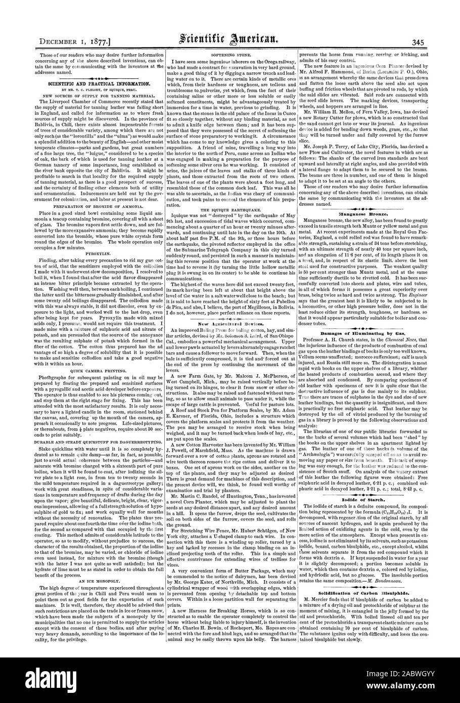 El 1 de diciembre de 1877. Nuevos dispositivos agrícolas. Bronce de manganeso. Daños de iluminar por el gas. Yoduro de almidón. Solidificación de carbono Bisuiphide. 4 41W información científica y práctica, Scientific American, 1877-12-01 Foto de stock