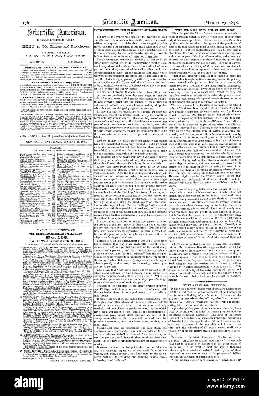 Los términos para la Scientific American. La Scientific American complementar el contenido. ATc". 0 Para la semana que terminó el 23 de marzo de 1878., 1878-03-23 Foto de stock