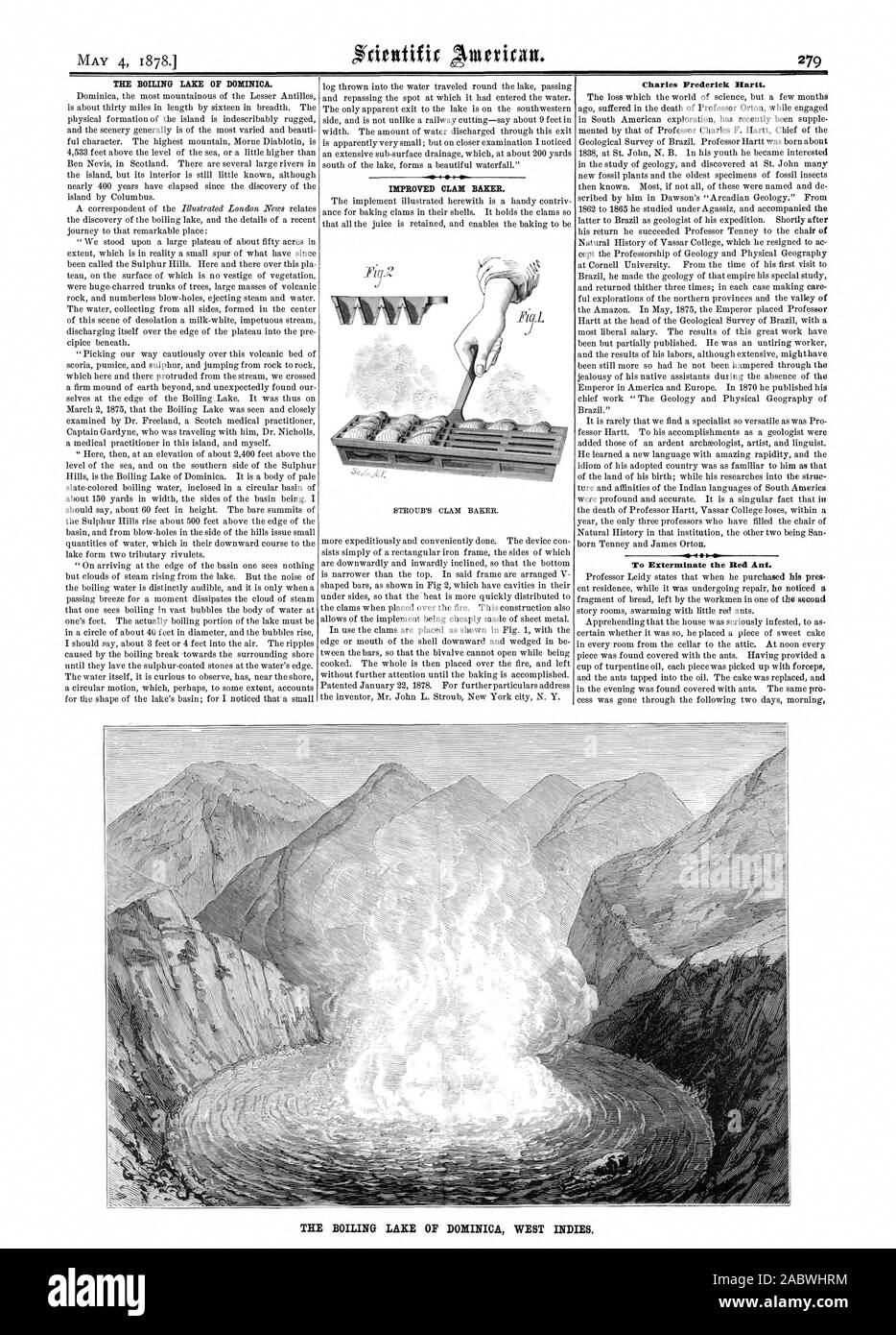 El Lago hirviente de Dominica. Mejora CLAM Baker. Charles Frederick Hartt. Exterminar a la hormiga roja. El Lago hirviente de Dominica West Indies., Scientific American, 1878-05-04 Foto de stock