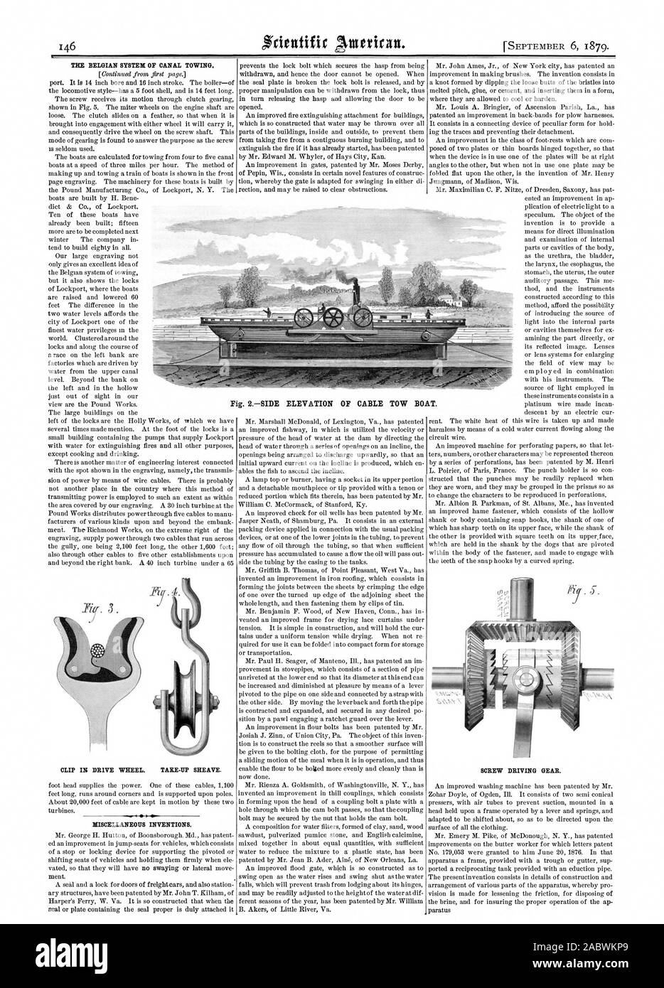 El sistema belga de remolque del canal. CLIP EN LA RUEDA MOTRIZ. Polea de tara. Varios inventos. Atornille el engranaje de accionamiento. Fig. Elevación DE CABLE 2LADO BARCO REMOLQUE., Scientific American, 1879-09-06 Foto de stock