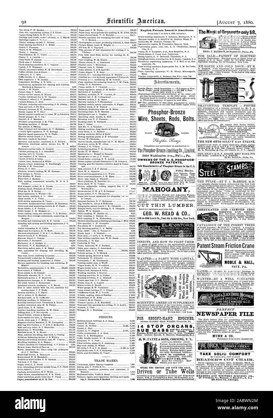 English patentes emitidas a los estadounidenses. Los tornillos de las varillas de hojas de alambre. Cortada fina madera de caoba. Archivo de prensa MUNN & CO. tomar consuelo sólido lectores y escritores de la economía de los EE.UU. C LOS PROPIETARIOS DE PATENTES de bronce fosforado PARA MOTORES DE SEGUNDA MANO 14 PARADA ÓRGANOS TZBI3 NEM 1E.01.0 CD la mágica Organette sólo $8 de tejados y fachadas de vapor patentes grúa fricción NOBLE & Hall, Scientific American, 1880-08-07 Foto de stock