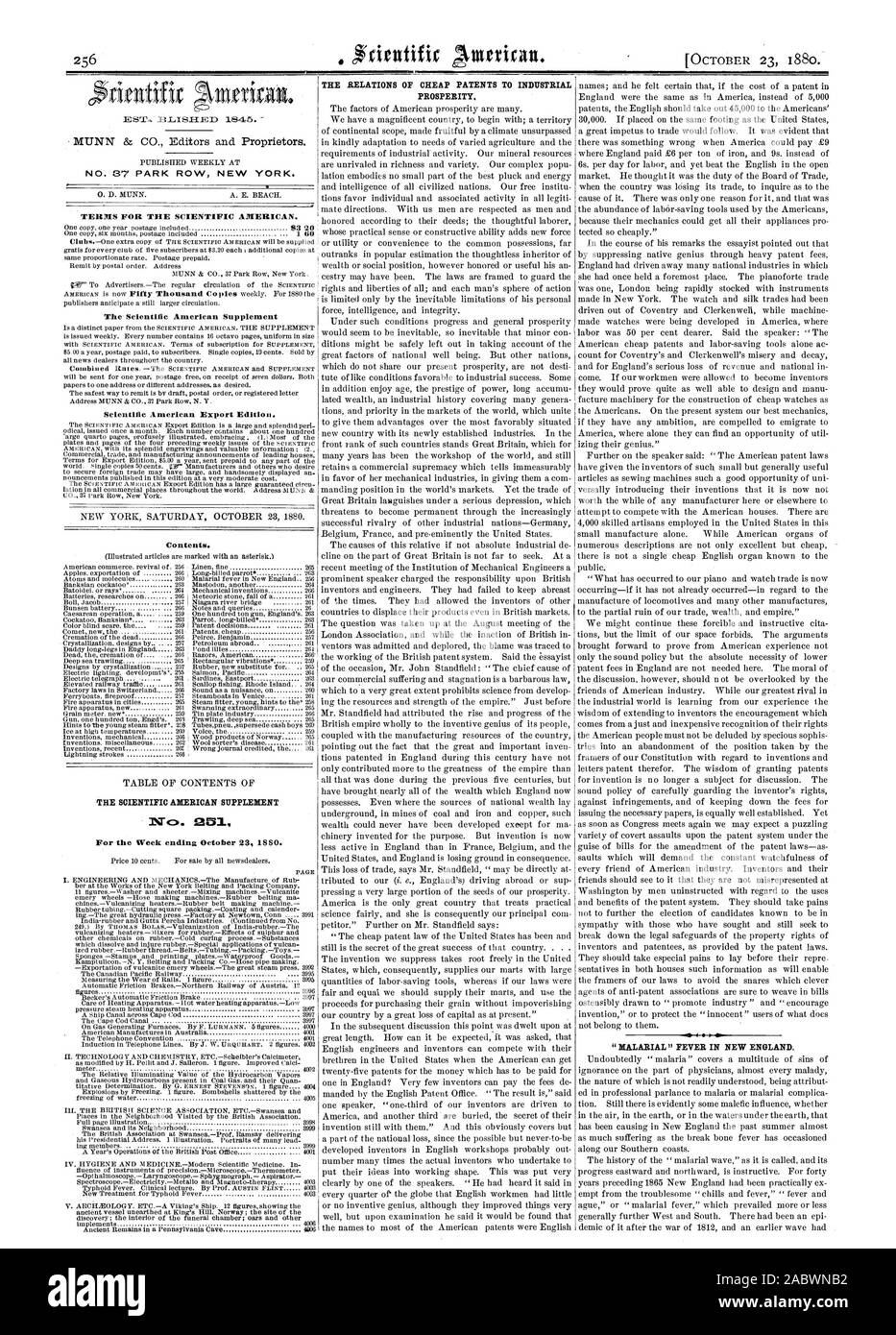 Nº 37 Park Row en Nueva York. Los términos para la Scientific American. Scientific American Edición para exportación. Contenido. La Scientific American Suplemento nº 251 LAS RELACIONES DE PATENTES BARATO DE LA PROSPERIDAD INDUSTRIAL. ' ' Fiebre palúdica en Nueva Inglaterra., 1880-10-23 Foto de stock