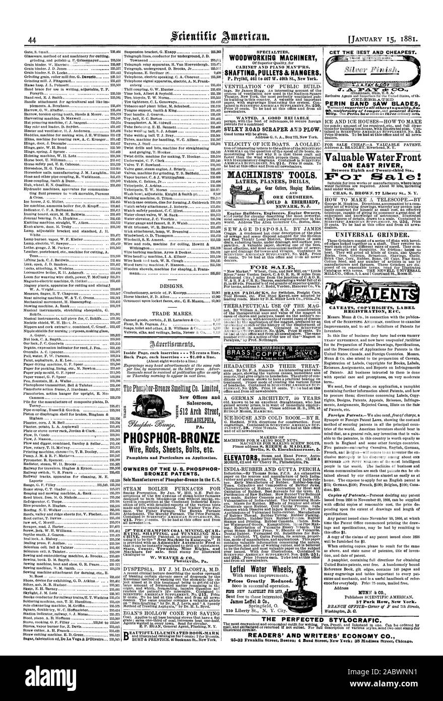 44 de bronce fosforado Salesroom varillas de alambre pernos hojas etc. folletos e indicaciones sobre la aplicación. Los propietarios de las patentes de EE.UU. bronce fosforado. Maquinaria para la madera transmisiones de poleas y perchas. Herramientas de los maquinistas. Trituradoras de mineral. NEWARK N. J. CET las mejores y más baratas. Agua valiosa frente en el East River, entre 8º y 23º Sts. CHAS. S. Brown '77 Liberty St. N. Y. Rectificadora Universal. Advertencias COPYRIGHTS REGISTRO ETIQUETA E CC. Dirección !MINN &Co. Las ruedas de agua Leffel precios muy reducidos. El perfeccionado STYLOCRAFIC. Lectores y escritores" economía CO. 25,33 Franklin Street Boston; 4 Bond Foto de stock