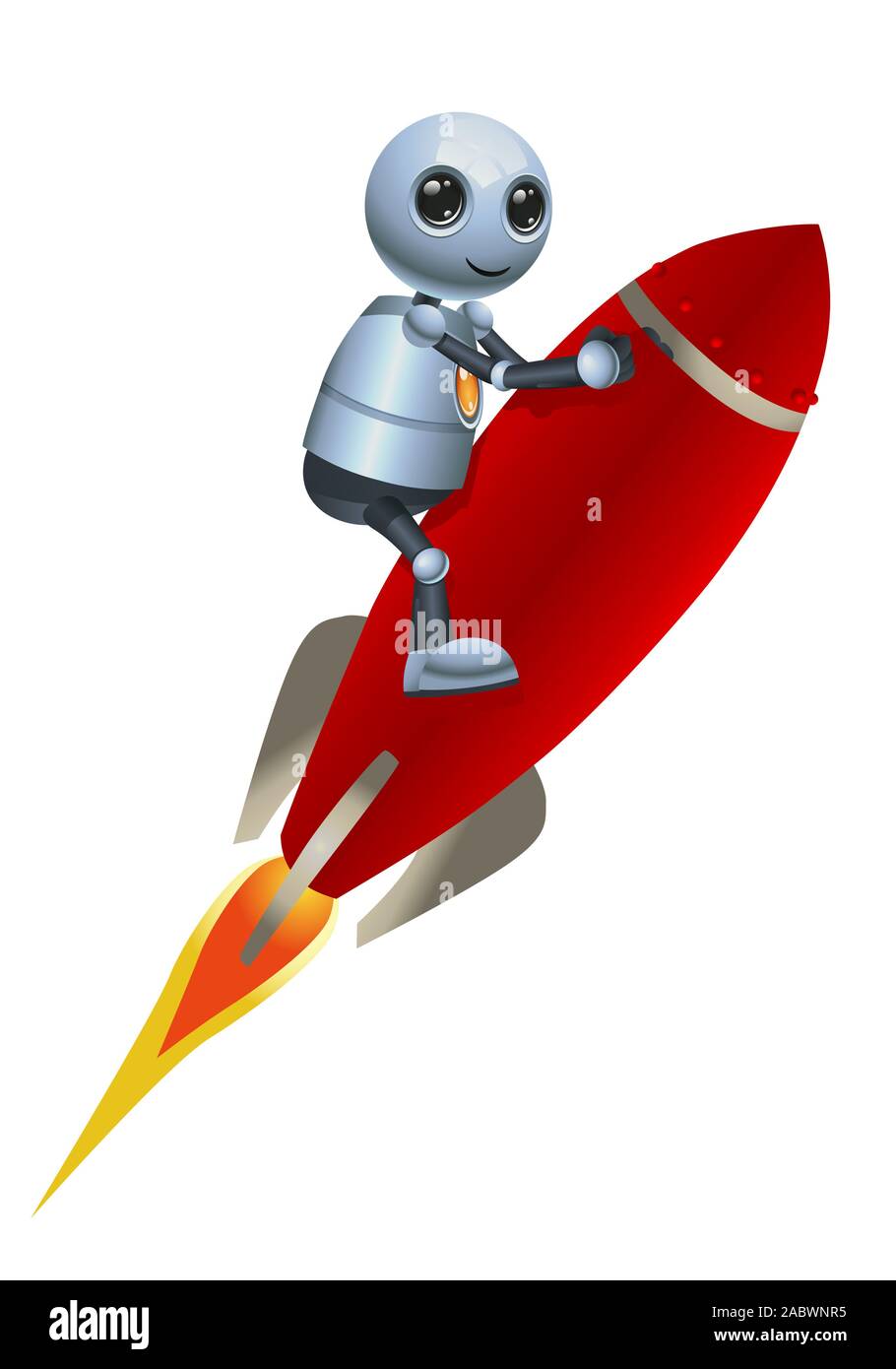 Ilustración 3d de negocio pequeño robot volador de equitación cohete rojo sobre fondo blanco aislado Foto de stock