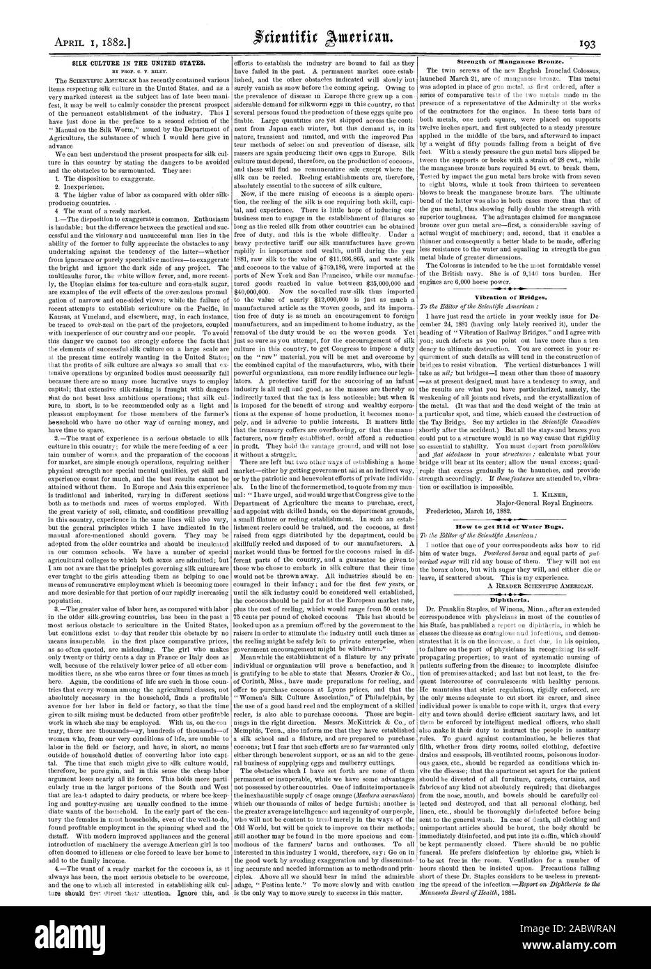 El cultivo de la SEDA EN LOS ESTADOS UNIDOS. Por PROF. C. V. Riley. Fuerza de bronce de manganeso. Vibración de puentes. Difteria., Scientific American, 1882-04-01 Foto de stock