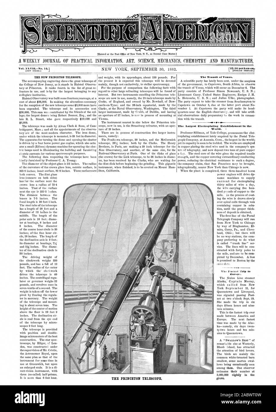 Vol. XLV1L-No. 14. TILE nuevo telescopio de Princeton. El Tránsito de Venus. El mayor establecimiento de galvanoplastia en el mundo. El mejor viaje a Europa. El telescopio de Princeton, Scientific American, 1882-09-30 Foto de stock