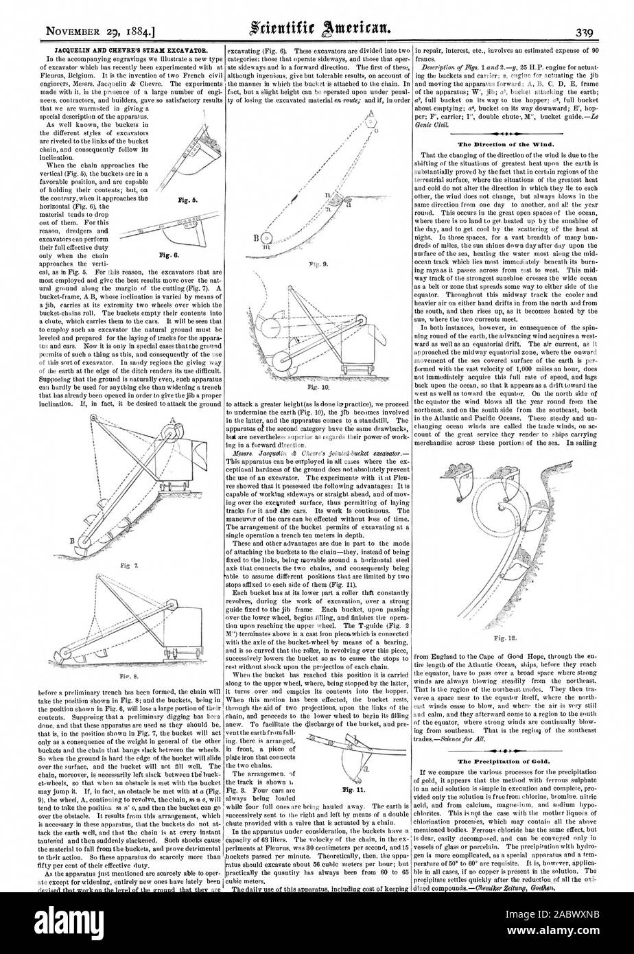 JACQUELIN Y CHEVRE la excavadora de vapor. La dirección del viento. Fig. 12. La Precipitación de oro. Fig. 5. Fig. O. Fig. ., Scientific American, 1884-11-29 Foto de stock