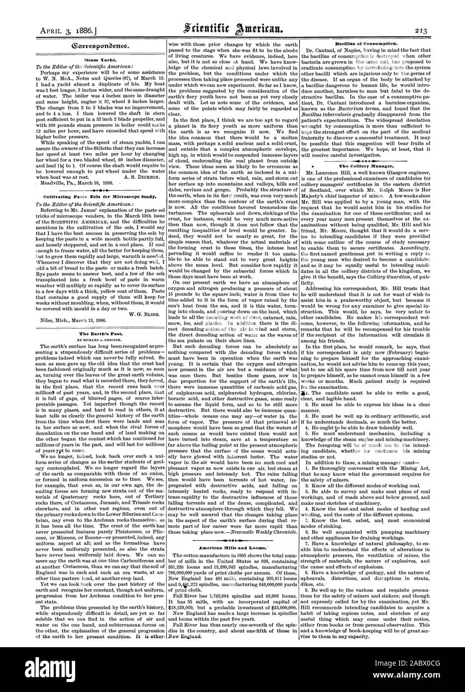 Yate de vapor. Cultivando Pegar anguilas de estudio de microscopio. W. U. BLISH. El pasado de la tierra. Americana Mills y telares.' El bacilo del consumo. El Colliery Manager., Scientific American, 1886-04-03 Foto de stock