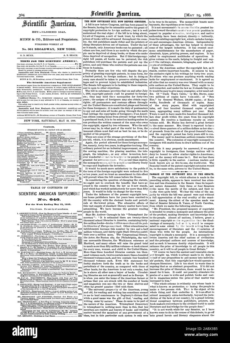 Semana finalizada el 19 de mayo de 1888. La nueva página Copyright Bill ahora ante el Congreso. La APROBACIÓN DE LA LEY DE COPYRIGHT EN EL SENADO., Scientific American, 1888-05-19 Foto de stock