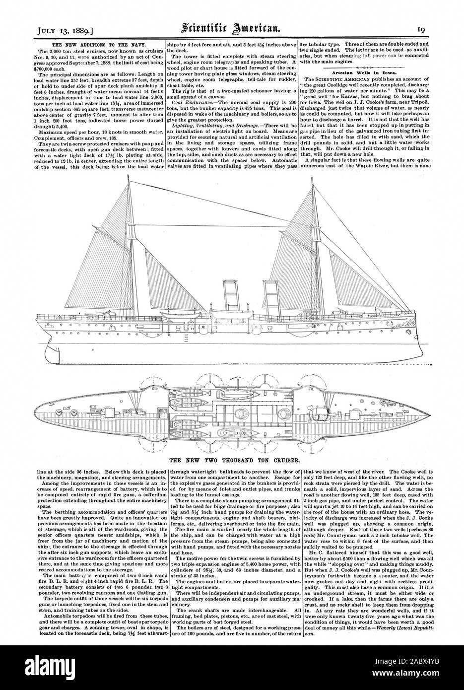 TEE NUEVAS ADICIONES A LA MARINA. Los pozos artesianos en Iowa. La nueva DOS MIL REMOLCAR CRUCERO. y habrá un completo conjunto de barco puede torped Spar, Scientific American, 1889-07-13 Foto de stock