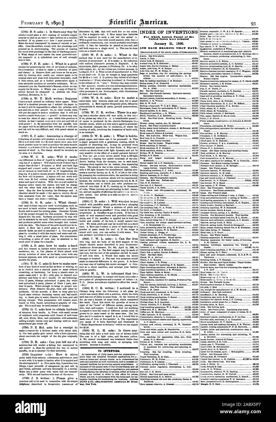 A los inventores. Índice de las invenciones para cuya patente de letras de los Estados Unidos fueron otorgadas el 21 de enero de 1890., Scientific American, 1890-02-08 Foto de stock