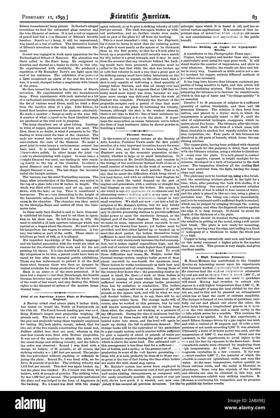 Rrial de una armadura de la placa Norteamericana en Portsmouth, Inglaterra.  P almacenamiento termal. Medio tono grabado en cobre para bloques  tipográficos. Un horno de alta temperatura, Scientific American, 1893-02-11  Fotografía de