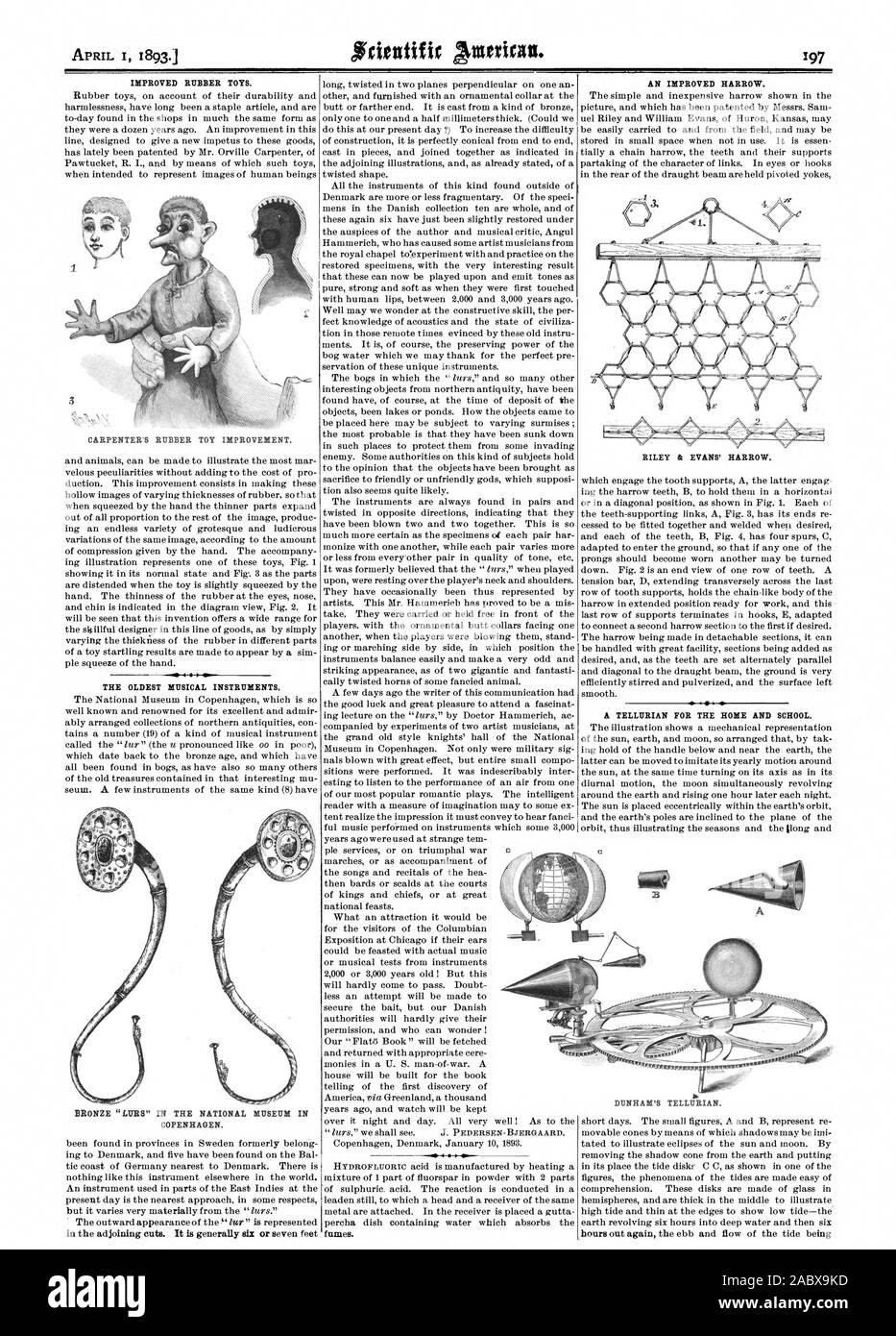 Abril i 1893. Ncitutifir juguetes de goma mejorados. Los instrumentos musicales más antiguos. 'Bronce LIIRS' EN EL MUSEO NACIONAL DE COPENHAGUE. Una mejora de la grada. RILEY Evans & Harrow., Scientific American, 1893-04-01 Foto de stock
