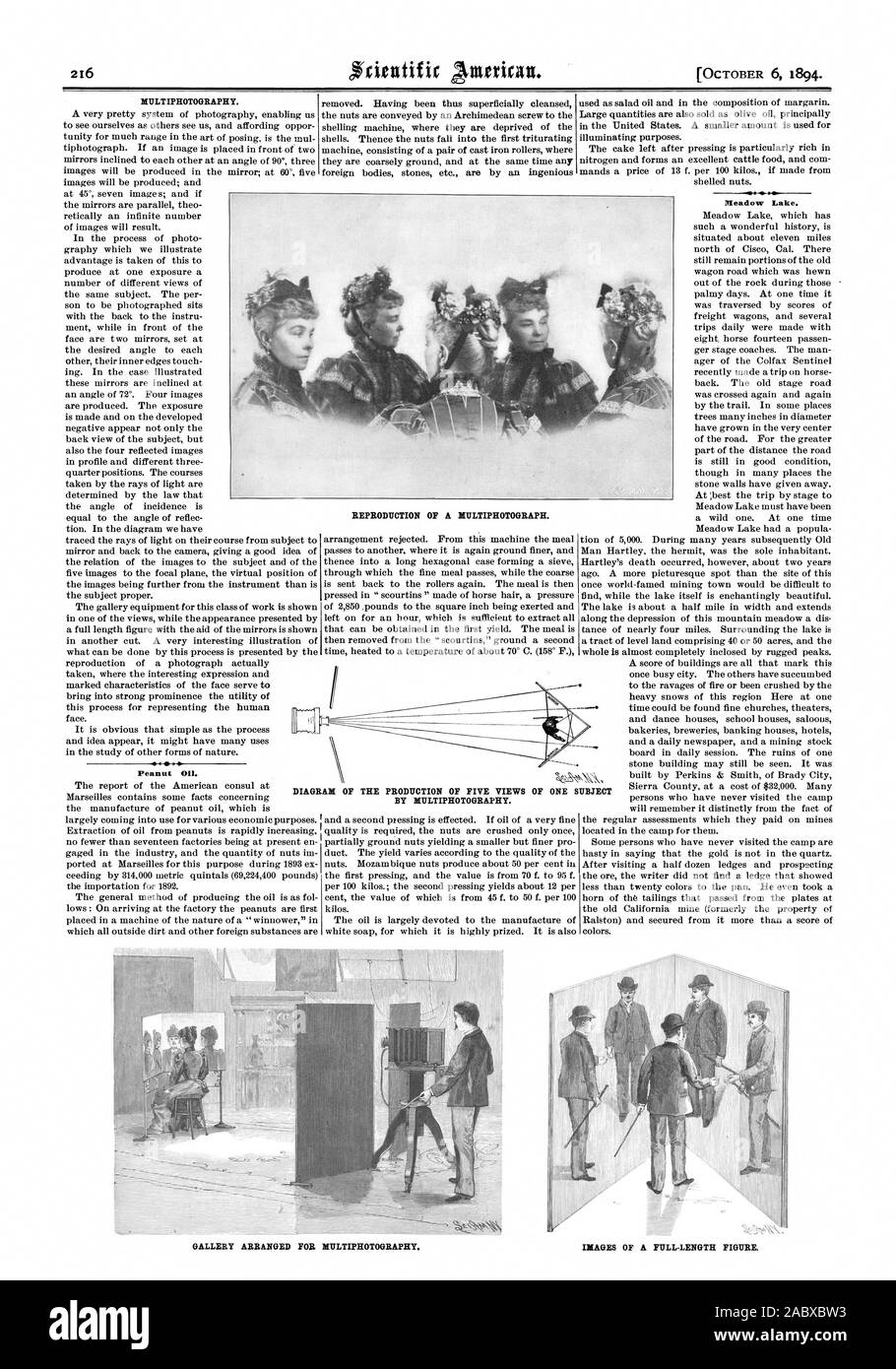 MULTIPHOTOGRAPHY. Aceite de cacahuete. Pl[eadour Lago. Reproducción de una MITLTIPHOTOGRAPH. Esquema de la producción de cinco vistas por MULTIPHOTOGRAPHY. De UN ASUNTO ARREGLADO PARA MULTIPHOTOGRAPHY Galería. Imágenes de una figura de longitud completa, Scientific American, 1894-10-06 Foto de stock