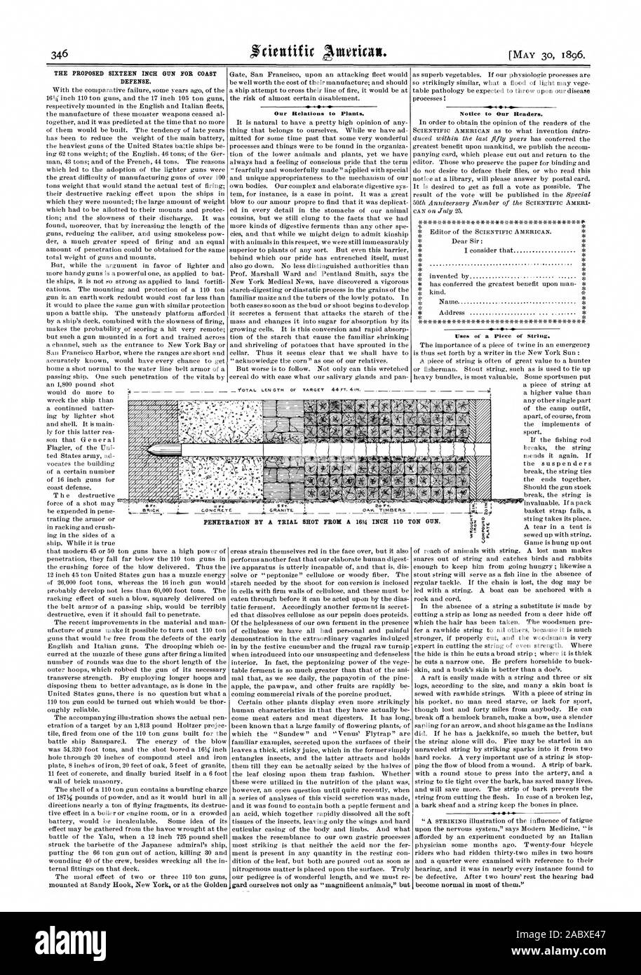 La propuesta de dieciséis pulgadas pistola para defensa de la costa. Nuestras relaciones con las plantas. Aviso a nuestros lectores. Usos de un trozo de cuerda UNA PRUEBA DISPARO DESDE UN 1651 pulgadas 0 tonelada de chicle, Scientific American, 1896-05-30 Foto de stock