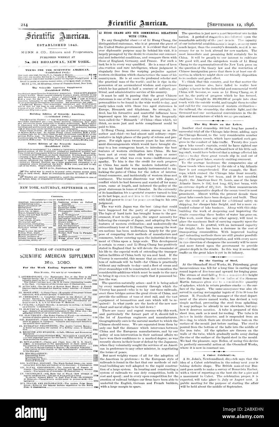 214 CAC LI HUNG Chang y nuestras relaciones comerciales con China. Los grandes barcos en los lagos. En la fundición de acero. Una celebración de Cabot. Para la semana que terminó el 12 de septiembre de 1896, Scientific American, 96-09-12 Foto de stock