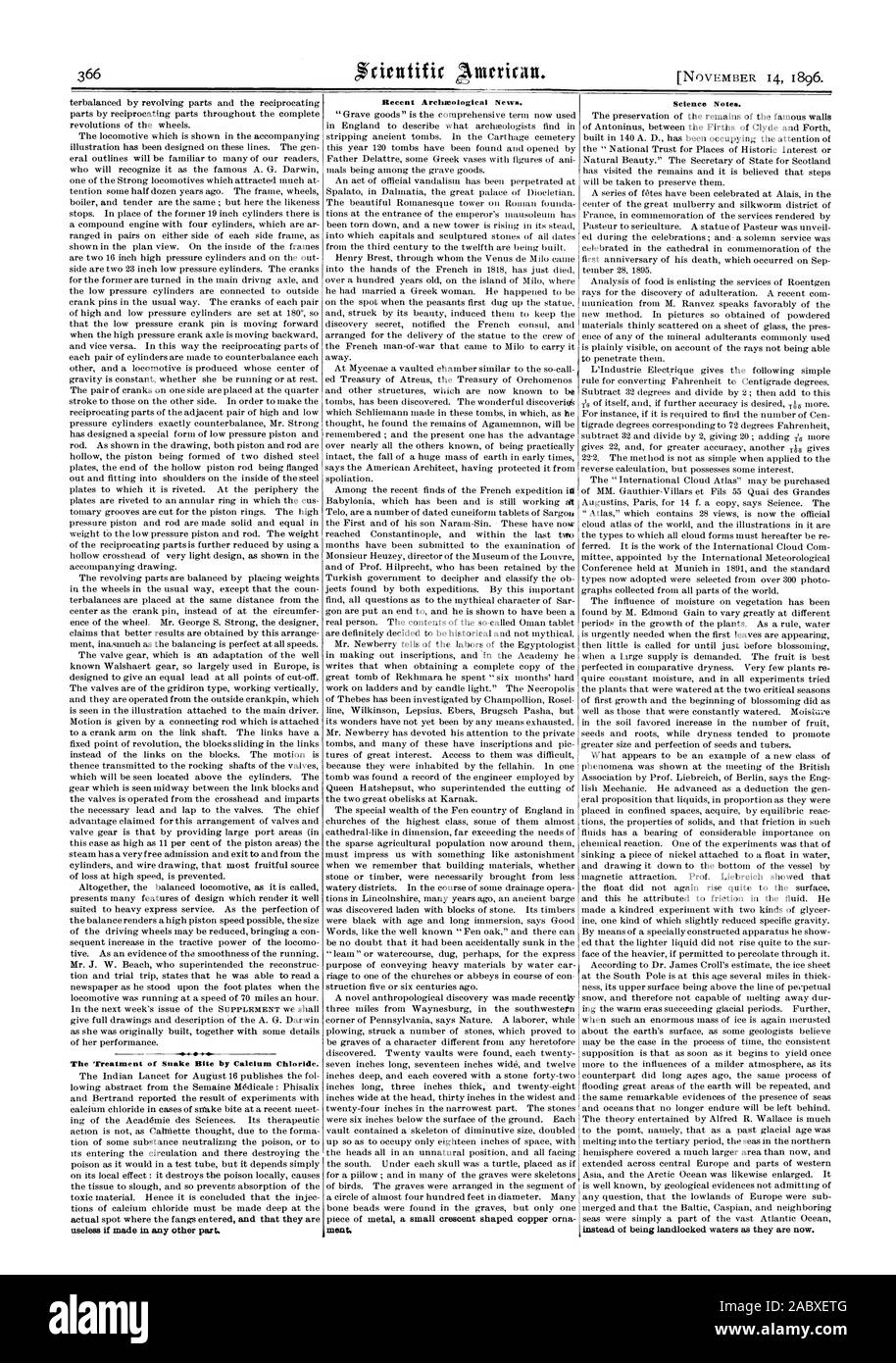 "El tratamiento de la mordedura de serpiente por el cloruro de calcio. es inútil si se realizan en cualquier otra parte. Noticias arqueológicas recientes. ment Ciencia Notas. En lugar de ser aguas sin litoral como son ahora, Scientific American, 1896-11-14 Foto de stock
