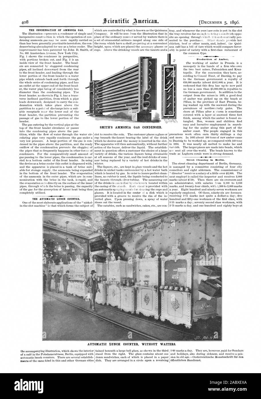 La condensación del gas amoníaco. El contador automático de almuerzo. Producción de ámbar. Limpieza de Calles en Berlín. Contador AUTOMÁTICO DE ALMUERZO SIN camareros., Scientific American, 1896-12-05 Foto de stock