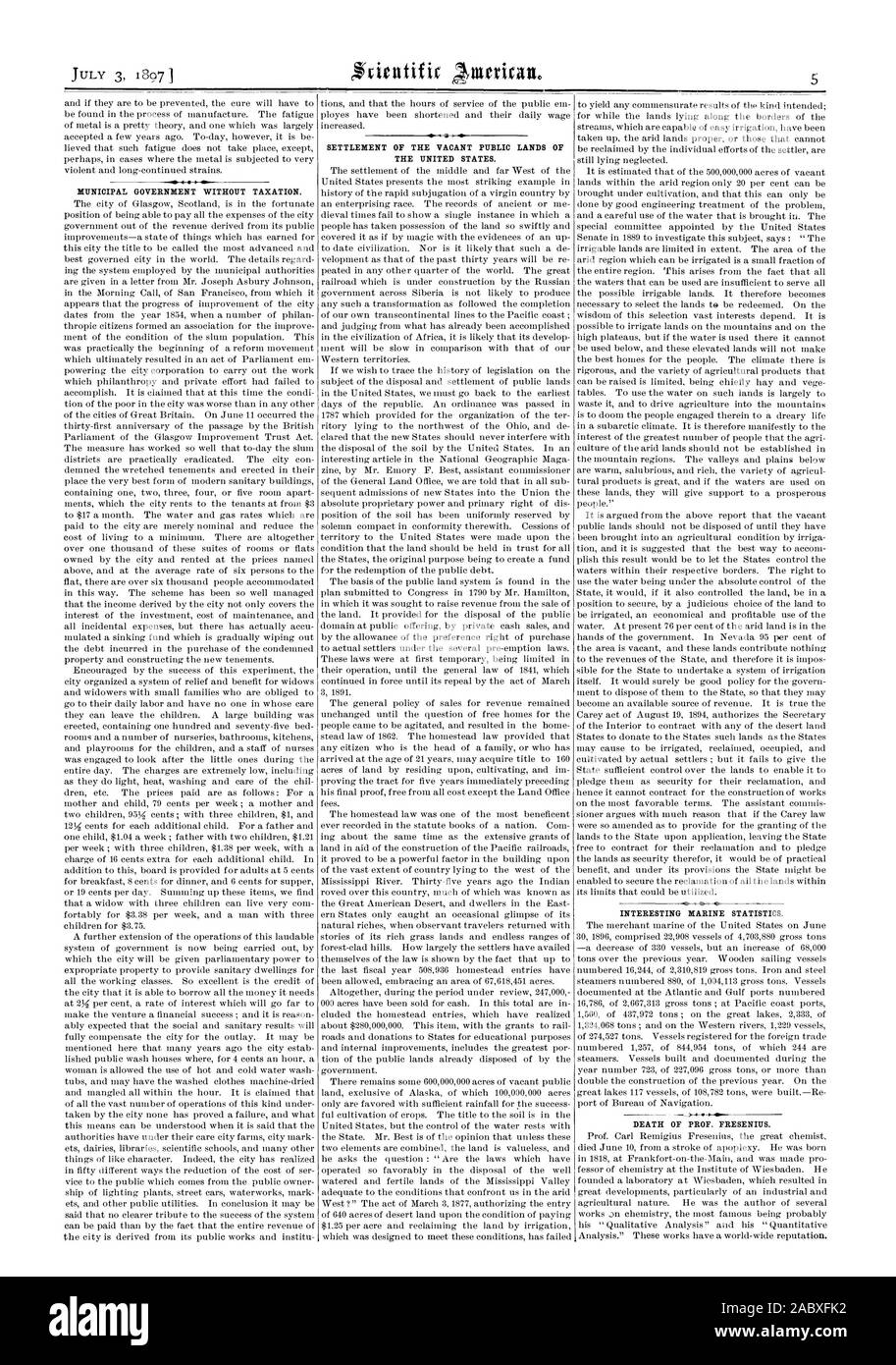 Gobierno municipal sin tributación. Asentamiento de las vacantes DE LAS TIERRAS PÚBLICAS DE LOS ESTADOS UNIDOS. Interesantes estadísticas de marino. Muerte de prof. FRESENIUS, Scientific American, 1897-07-03 Foto de stock